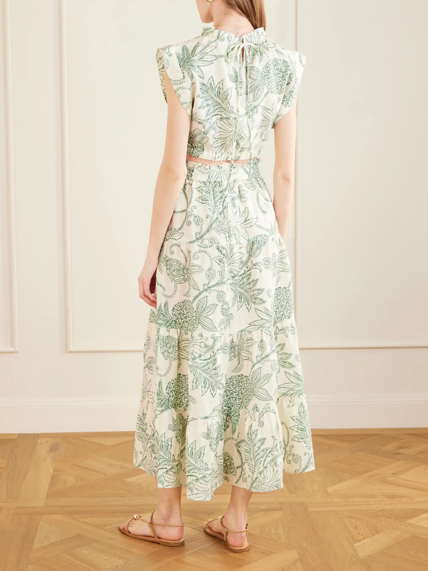 Sanaa Tiered Printed Linen Midi Skirt