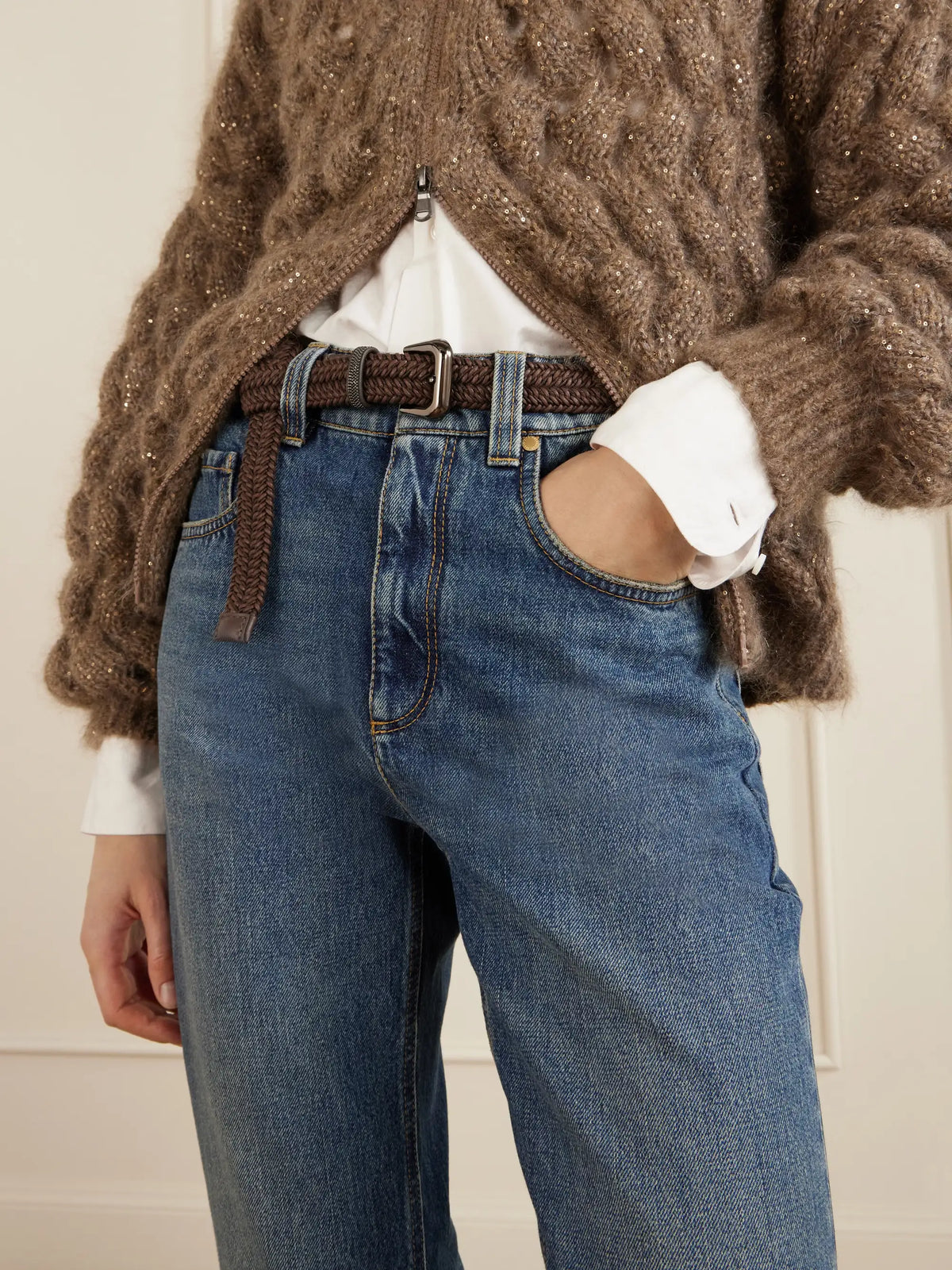 Cropped Bead-embellished Straight-leg Jeans