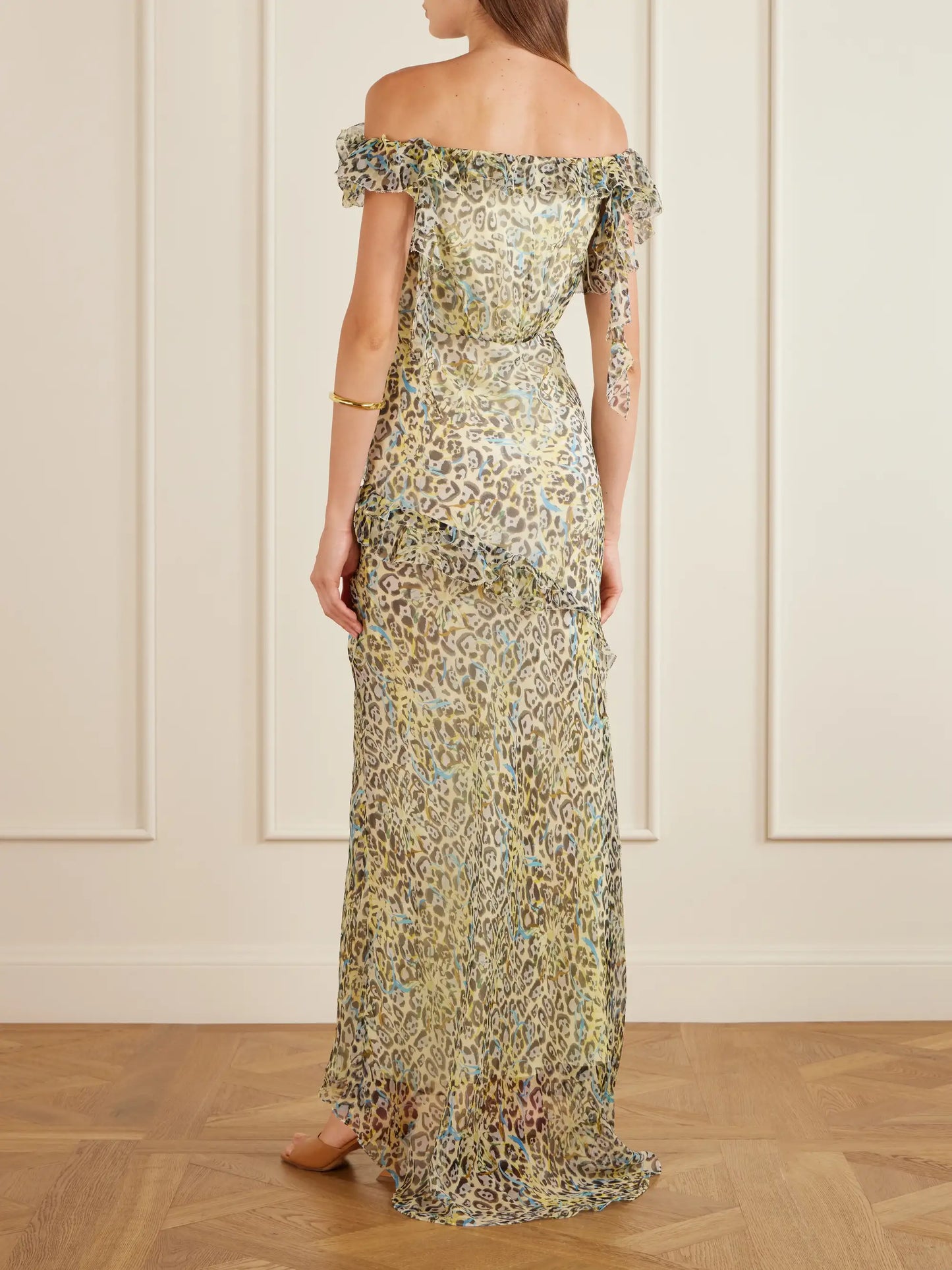 Nina Off-the-shoulder Ruffled Printed Silk Gown