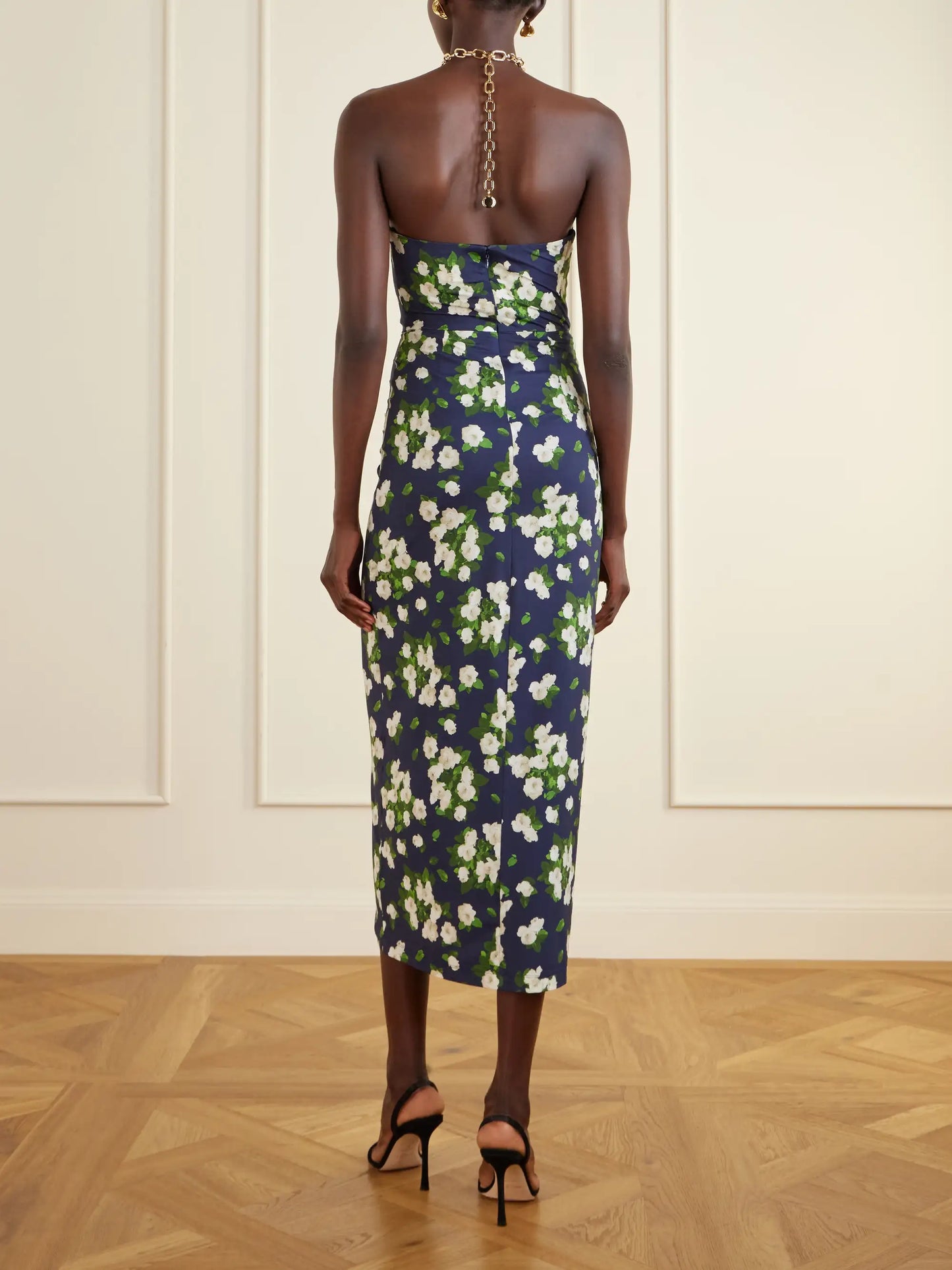 Floral-print Embellished Satin Halterneck Midi Dress