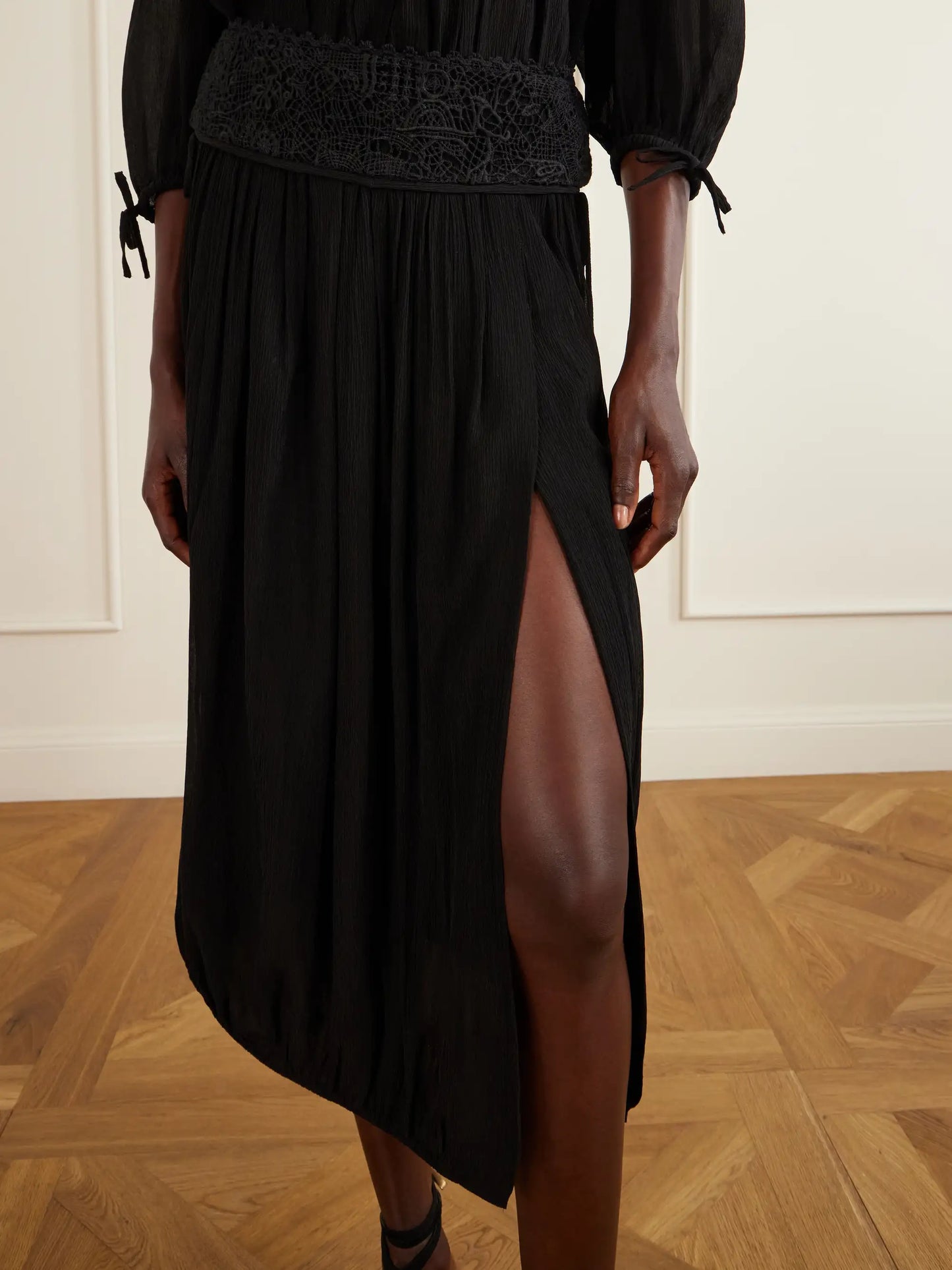 Nilma Lace-trimmed Silk Midi Skirt