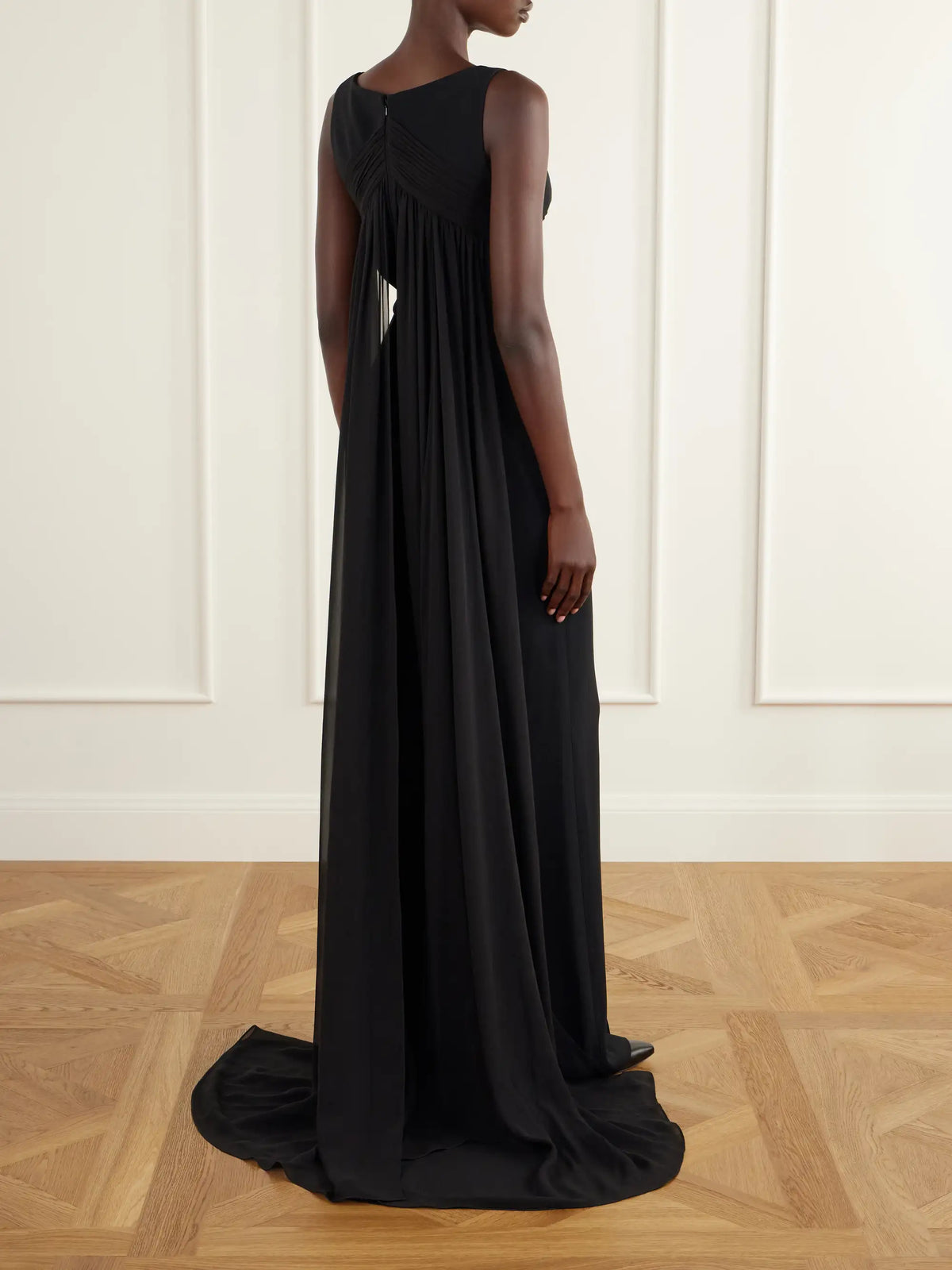 Elie Saab Ruched Chiffon-trimmed Silk-blend Cady Jumpsuit