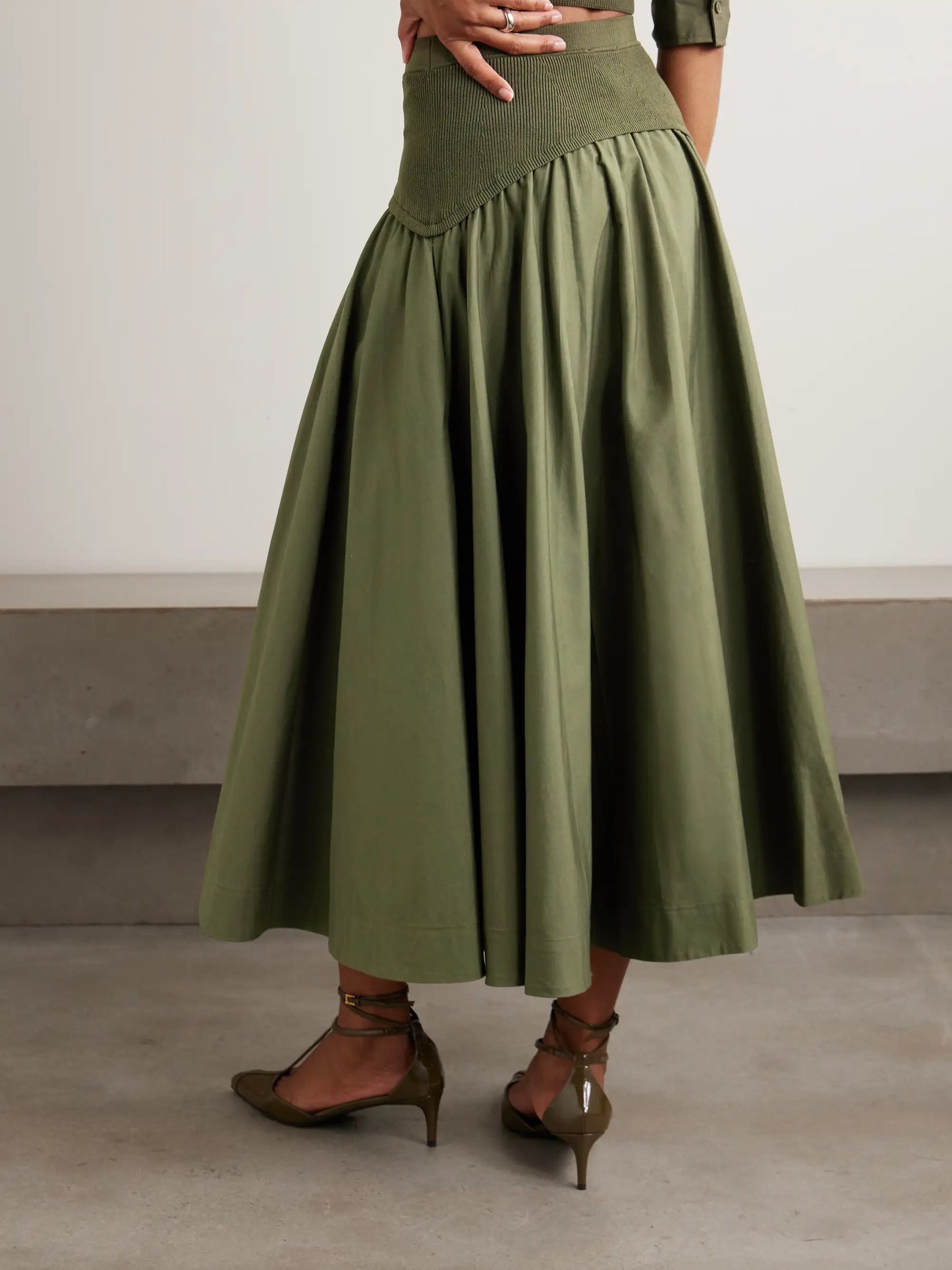 Ovie Pleated Ribbed-knit Trimmed Cotton-poplin Midi Skirt
