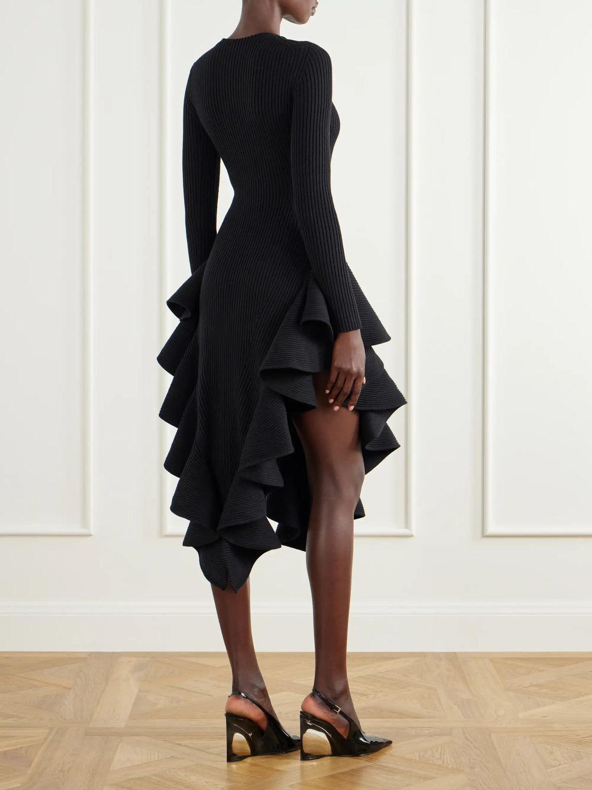 Alaïa Asymmetric Ruffled Ribbed Wool-blend Midi Dress