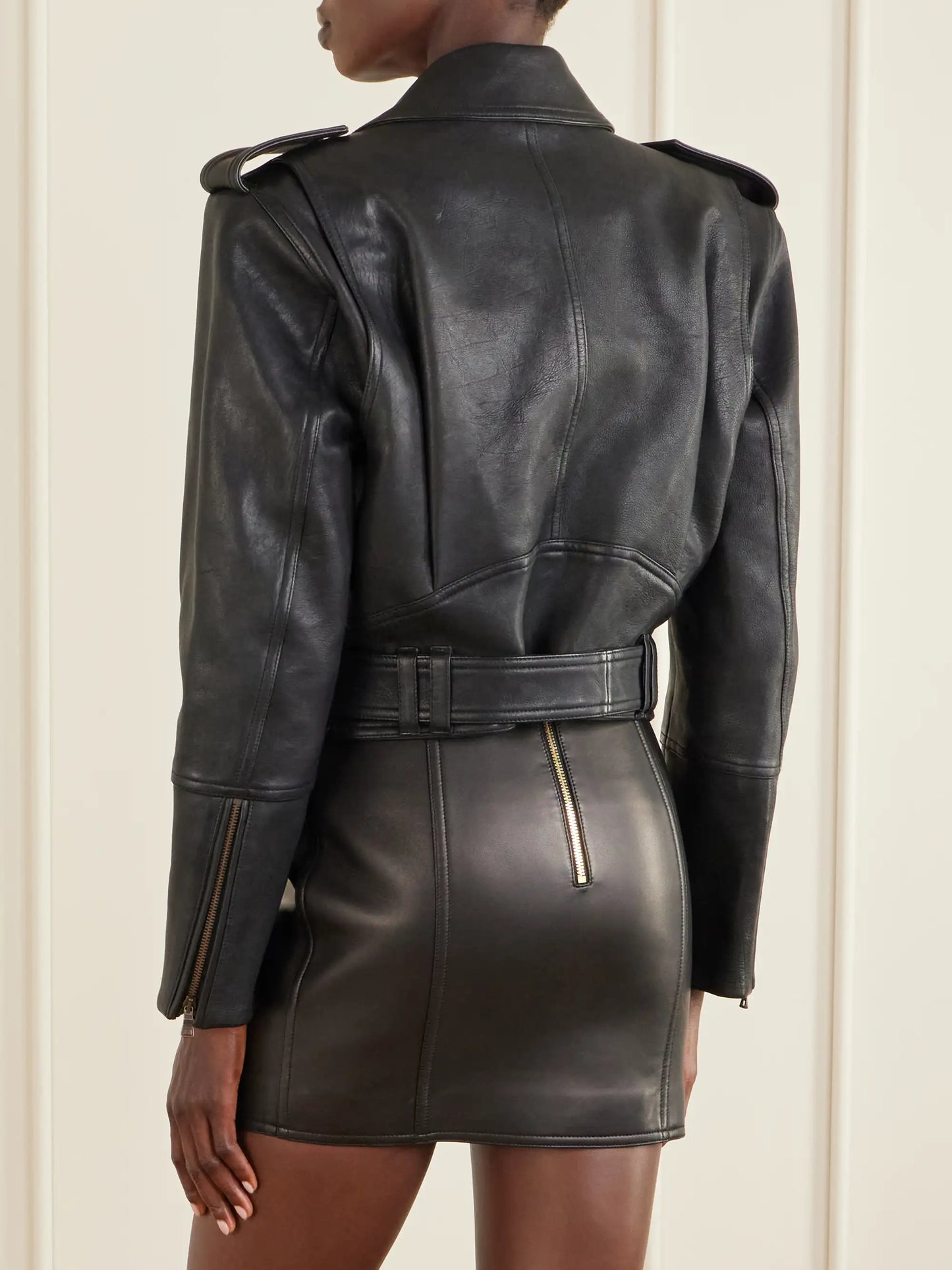 Cropped Belted Leather Biker Jacket