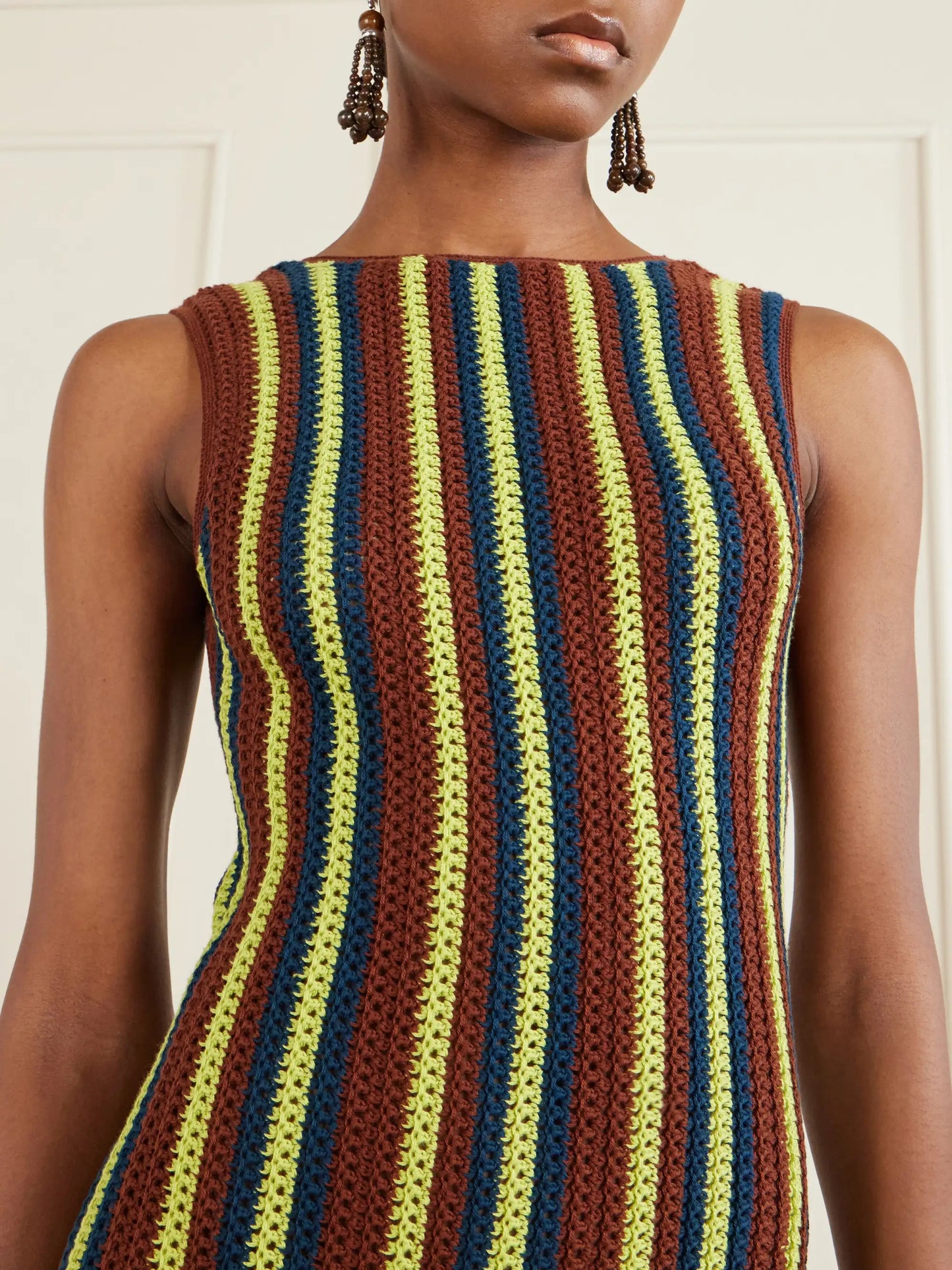 Misti Matcha Striped Fringe-trimmed Crocheted Cotton Mini Dress