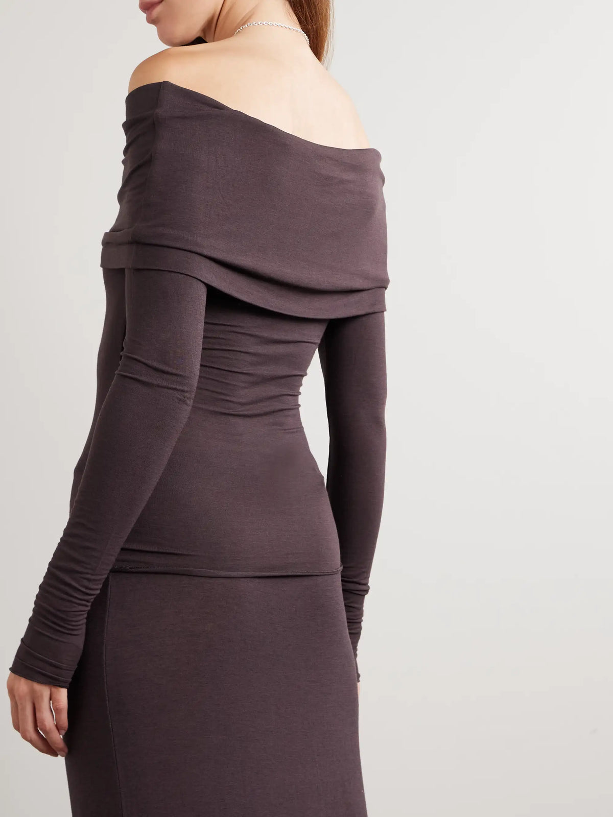 Sheer Modal-blend Off-shoulder Long-sleeve Top - Phoenix