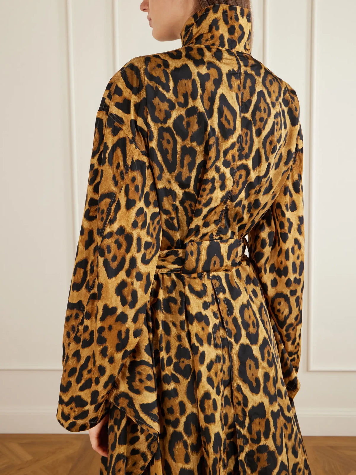 Belted Leopard-print Taffeta Trench Coat