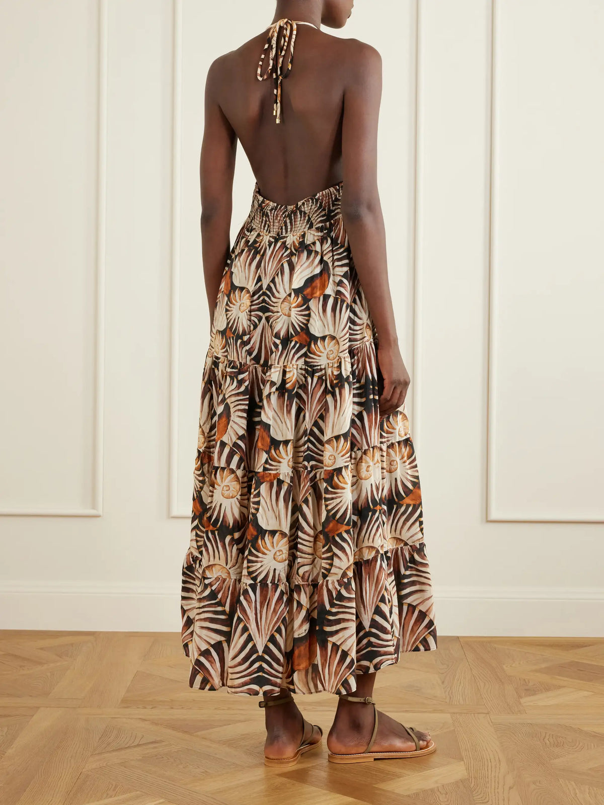 Farm Rio Embellished Printed Shirred Tiered Georgette Halterneck Midi Dress