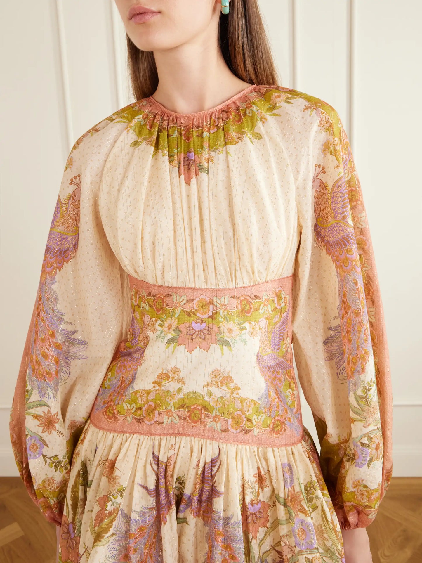 Indra Gathered Floral-print Metallic Cotton And Silk-blend Chartreuse Mini Dress