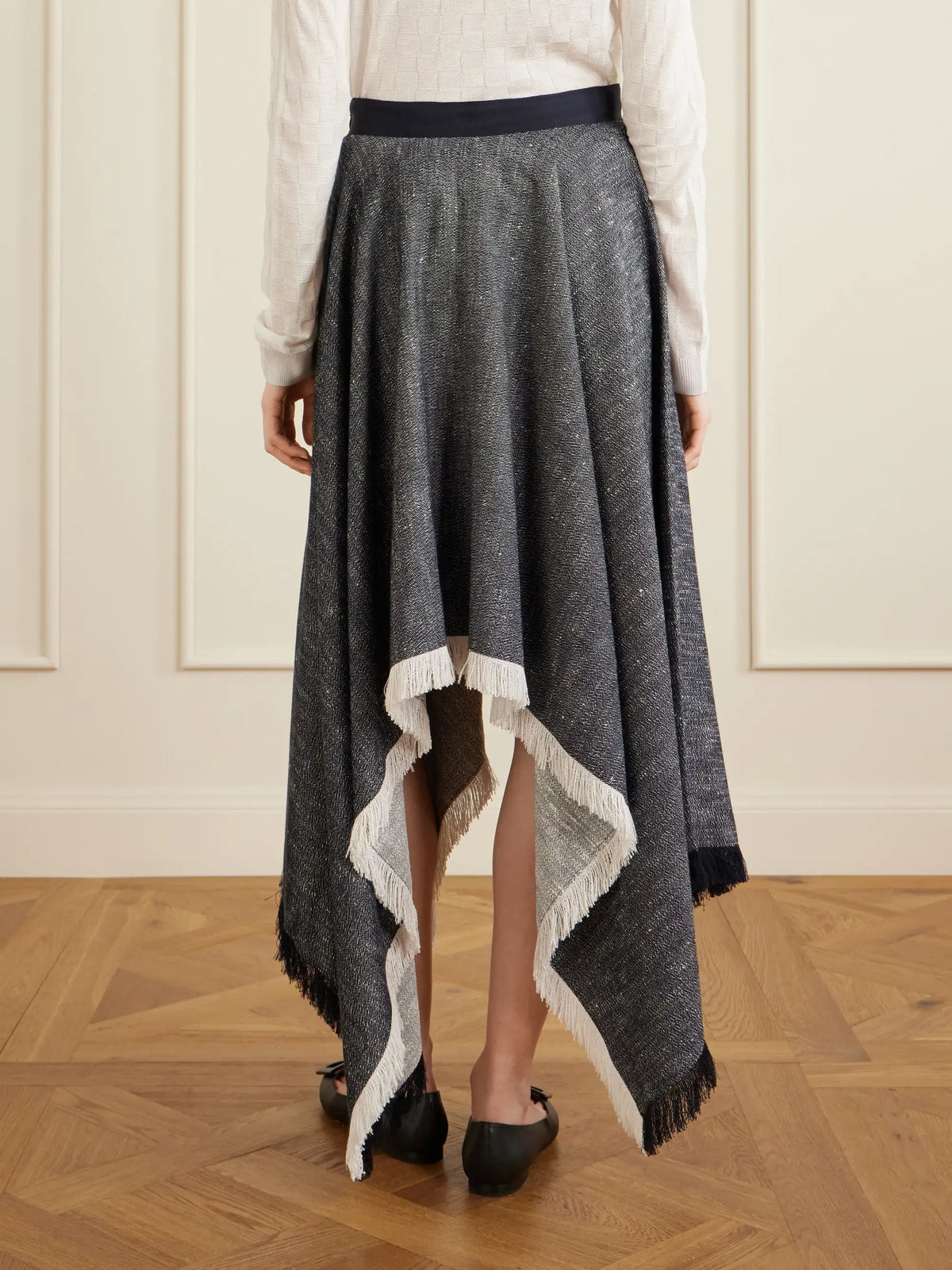 KALLMEYER Frayed Asymmetric Tweed Midi Skirt