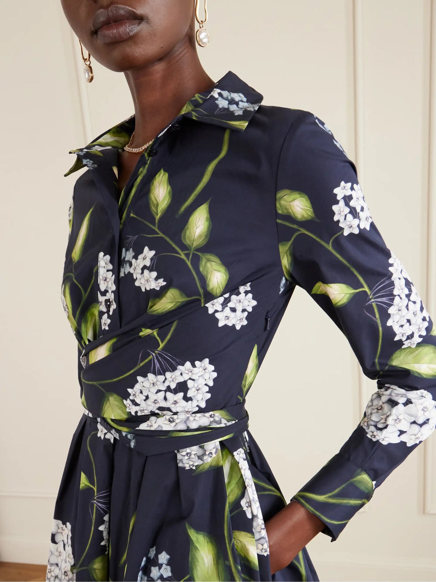 Wrap-effect Floral-print Cotton-blend Poplin Shirt Dress