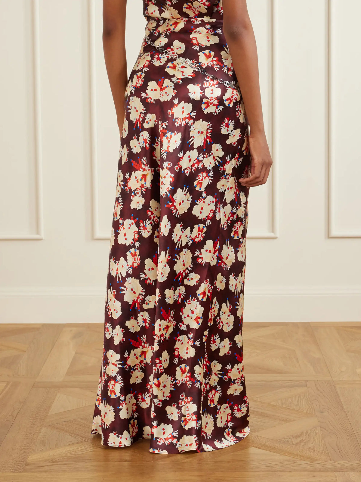 Chainmail-embellished Floral-print Silk Maxi Skirt