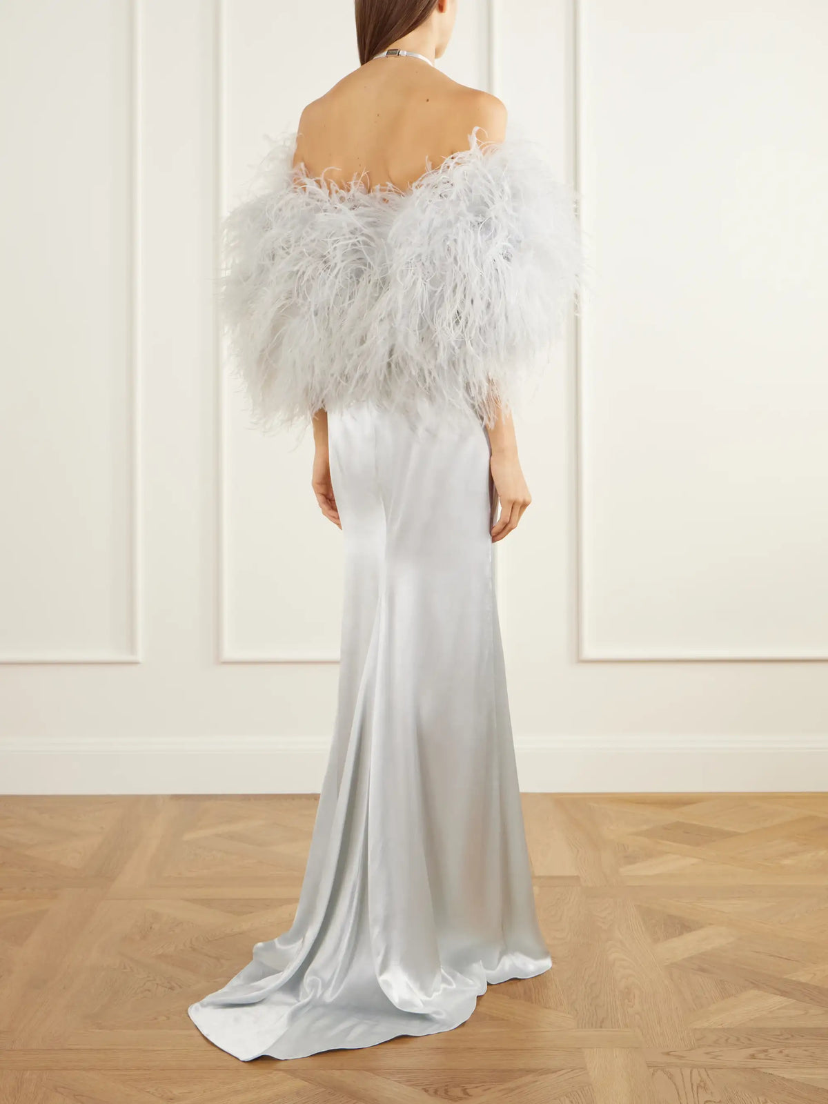 The Attico Feather-trimmed Halterneck Satin Gown