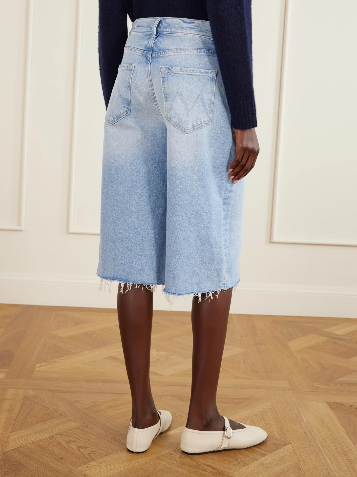 The Whole Lot Zip Fray Low-rise Wide-leg Denim Shorts