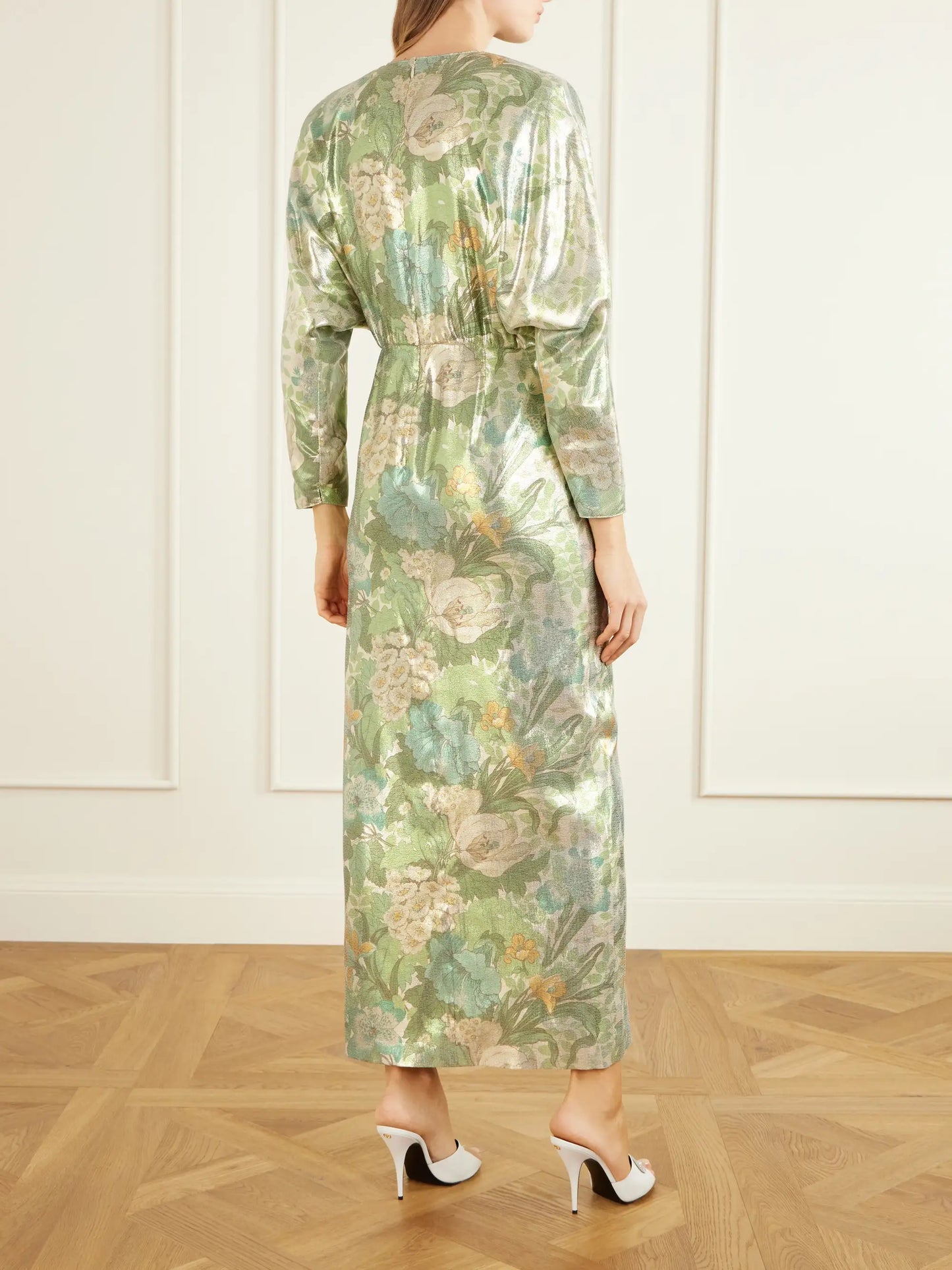 Cut-out Floral-print Silk-blend Lamé Midi Dress