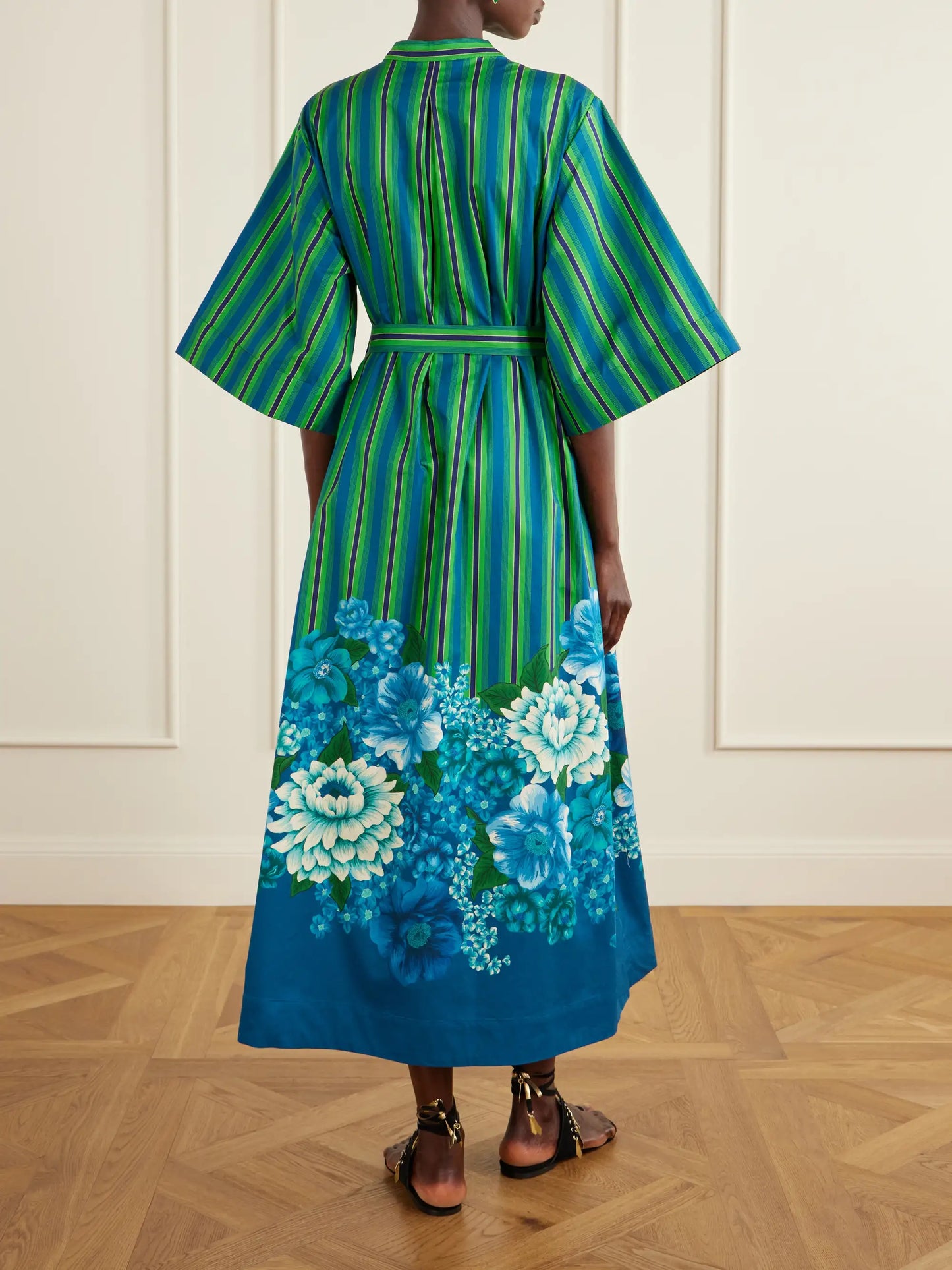 Margo Belted Striped Floral-print Organic Cotton-poplin Midi Dress