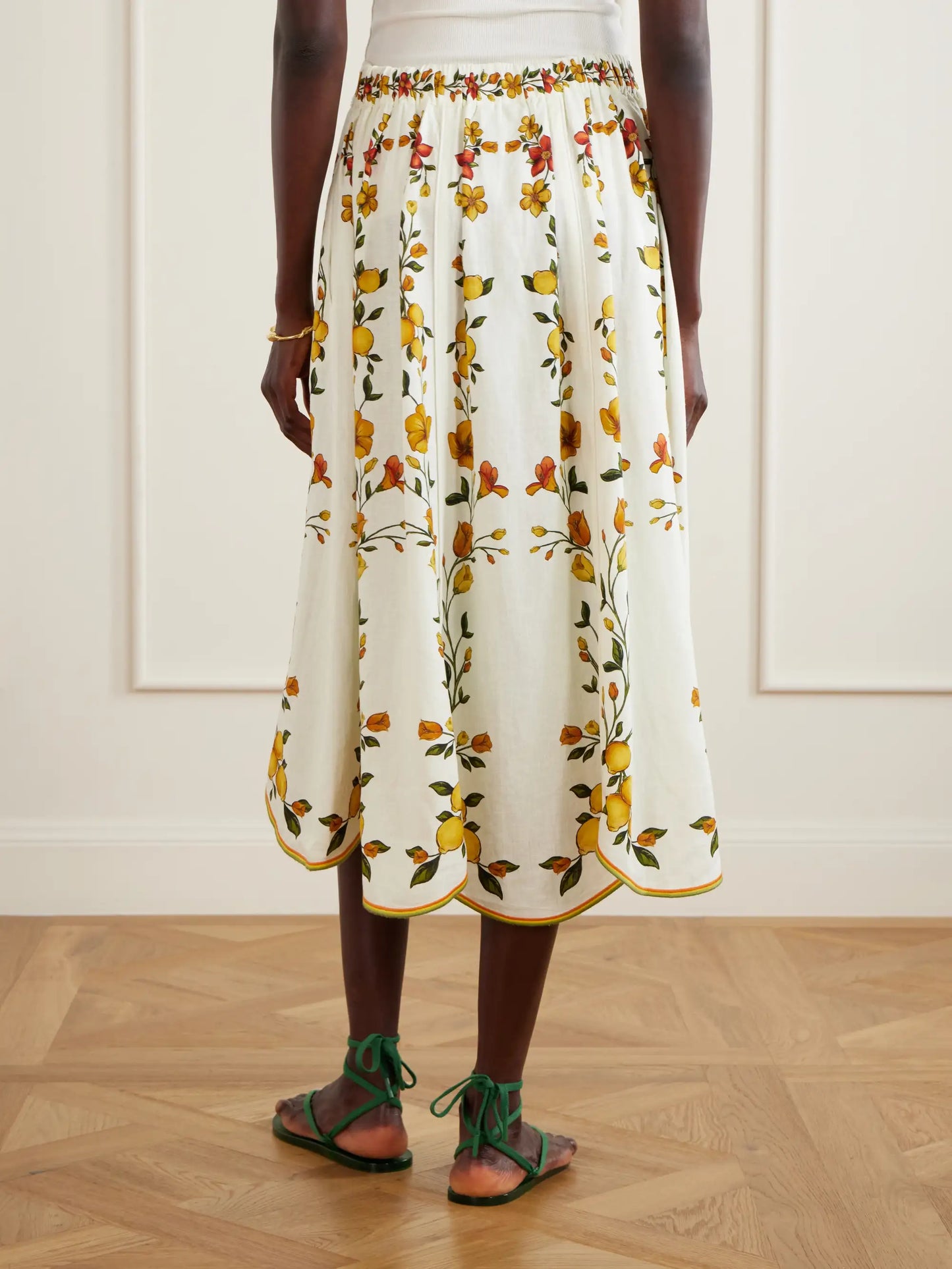 Lemon Bouquet Printed Linen-blend Midi Skirt