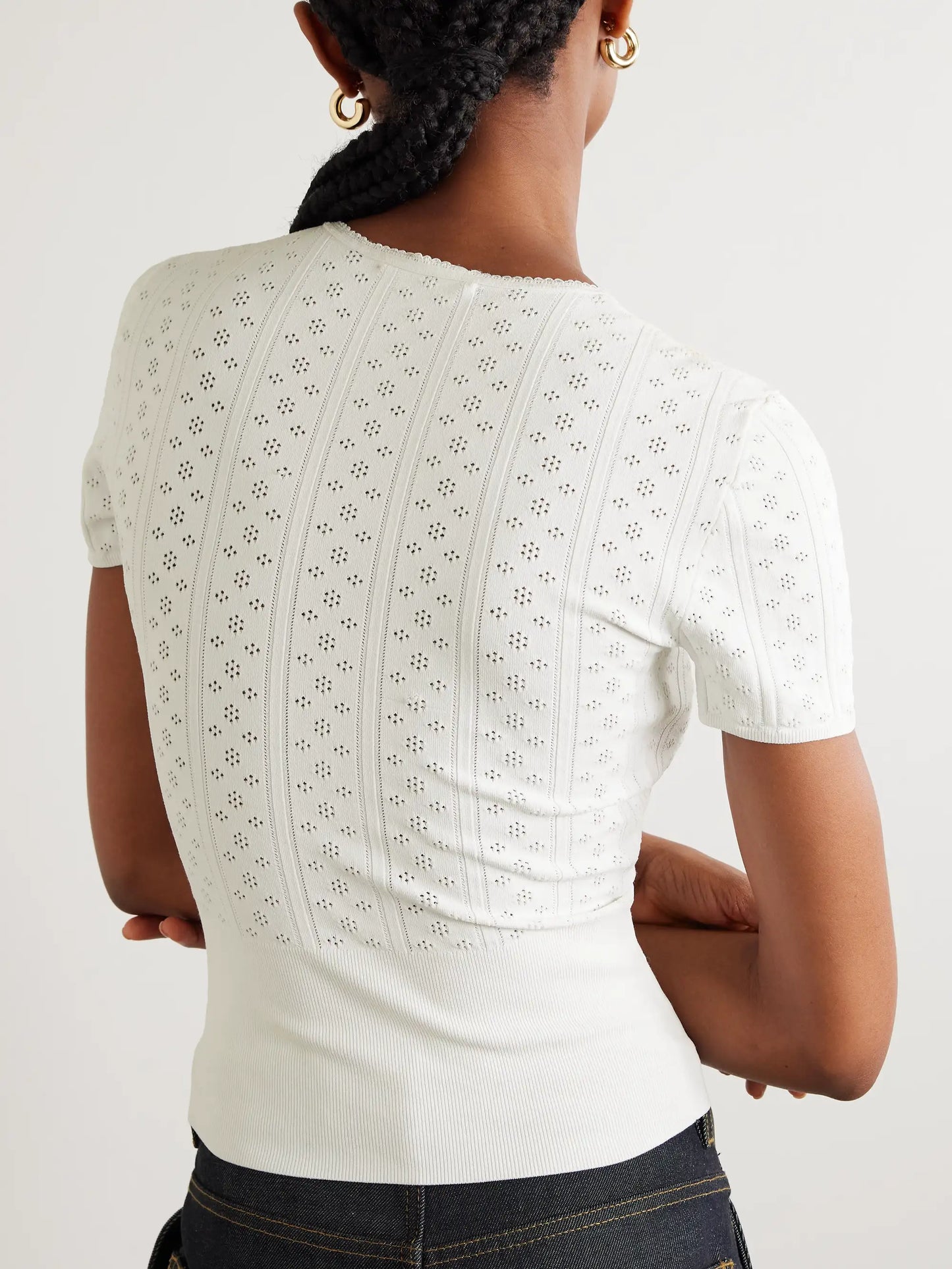 Bow-detailed Recycled Pointelle-knit T-shirt