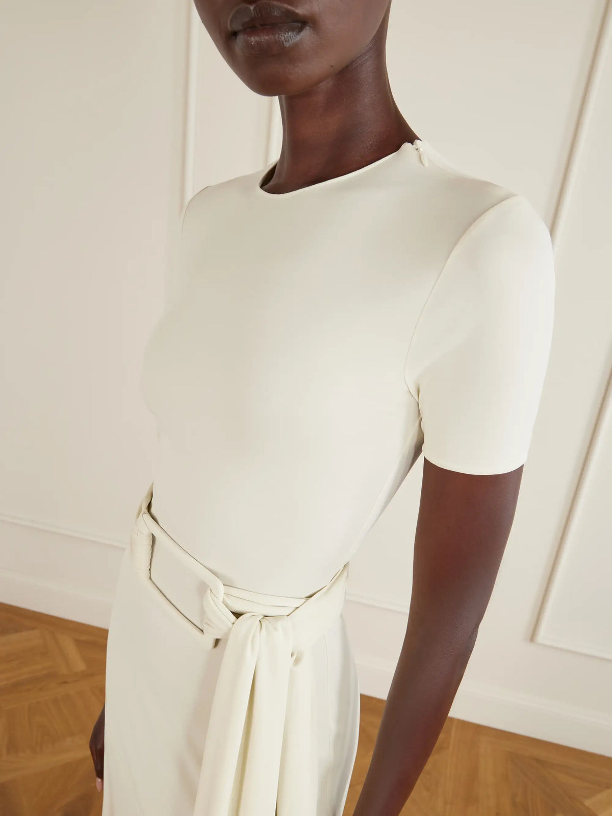 Asymmetrical Belted Jersey Midi Dress