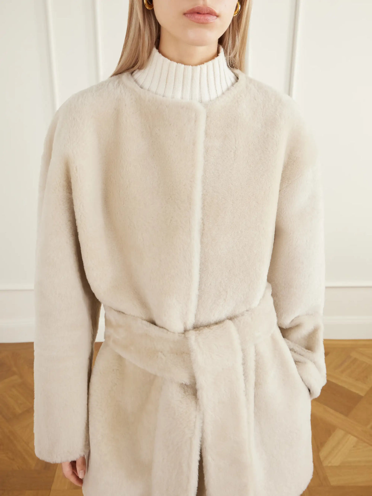 Almada Sasha Collarless Belted Shearling Coat