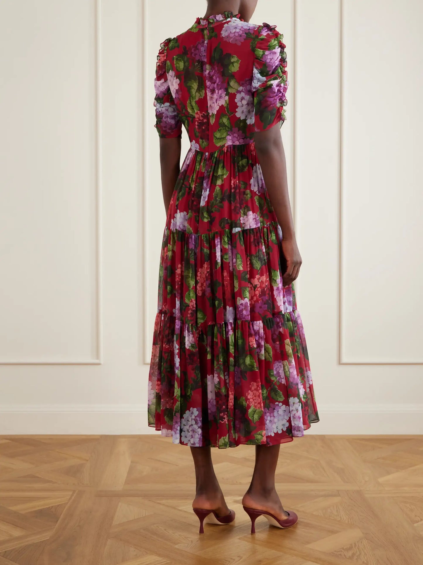 Tie-detailed Ruffled Tiered Floral-print Silk-chiffon Midi Dress