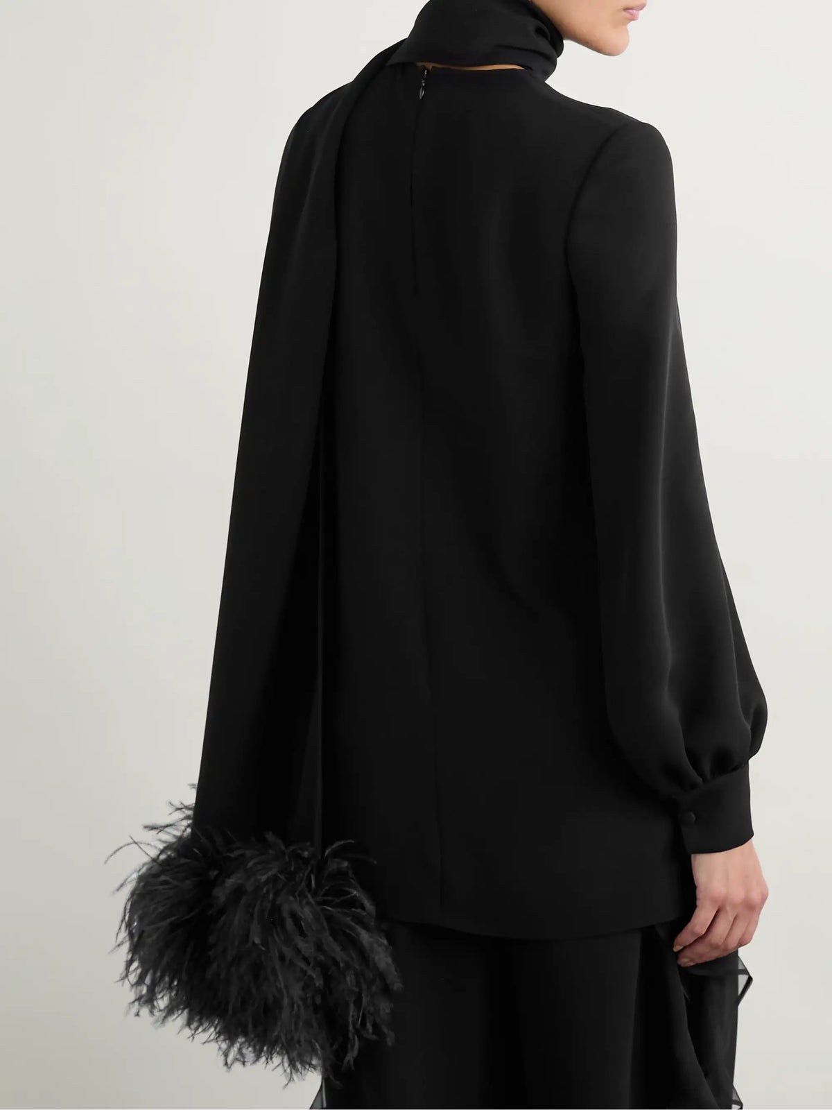 Valentino Garavani Feather-trimmed Scarf-detailed Silk Crepe De Chine Blouse