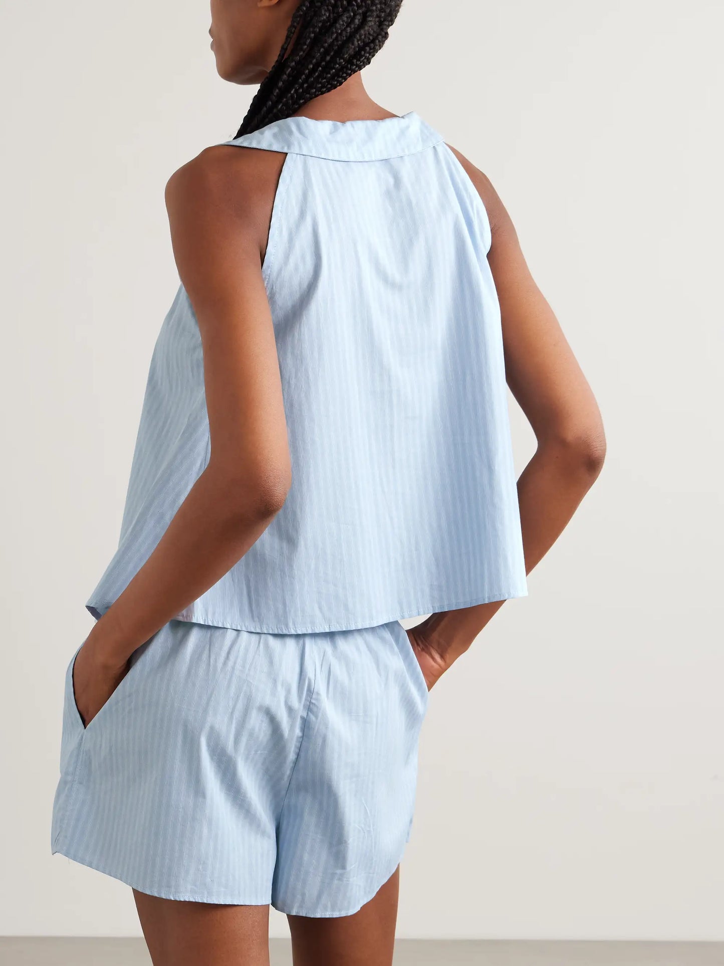 Round Collar Tie-detailed Striped Organic Cotton Shirt And Shorts Set