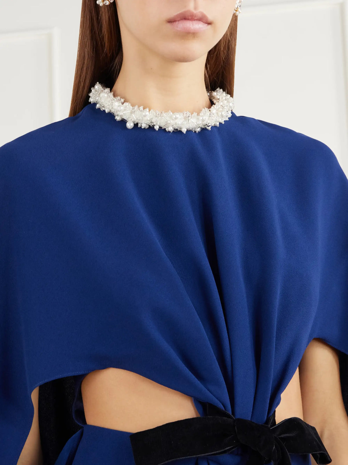 SIMKHAI Annette Cape-effect Bead-embellished Gathered Velvet-trimmed Crepe Gown