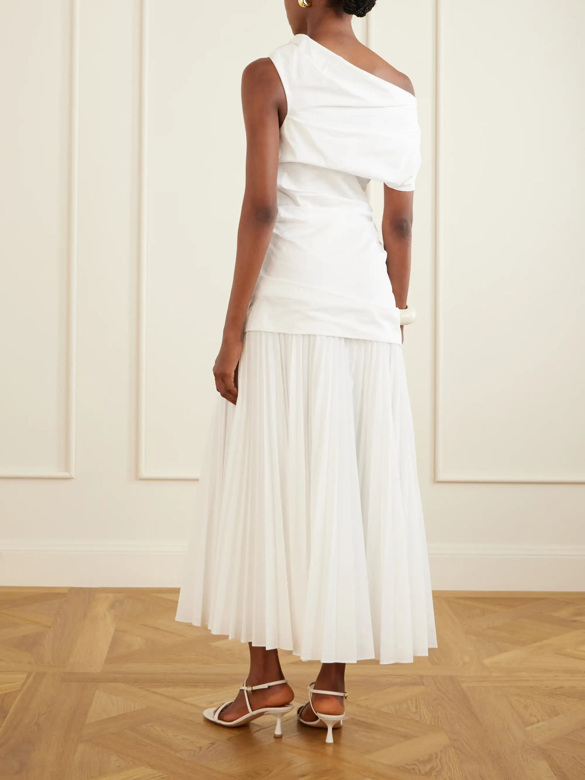 SIMKHAI Ammalie One-shoulder Draped Pleated Poplin Midi Dress