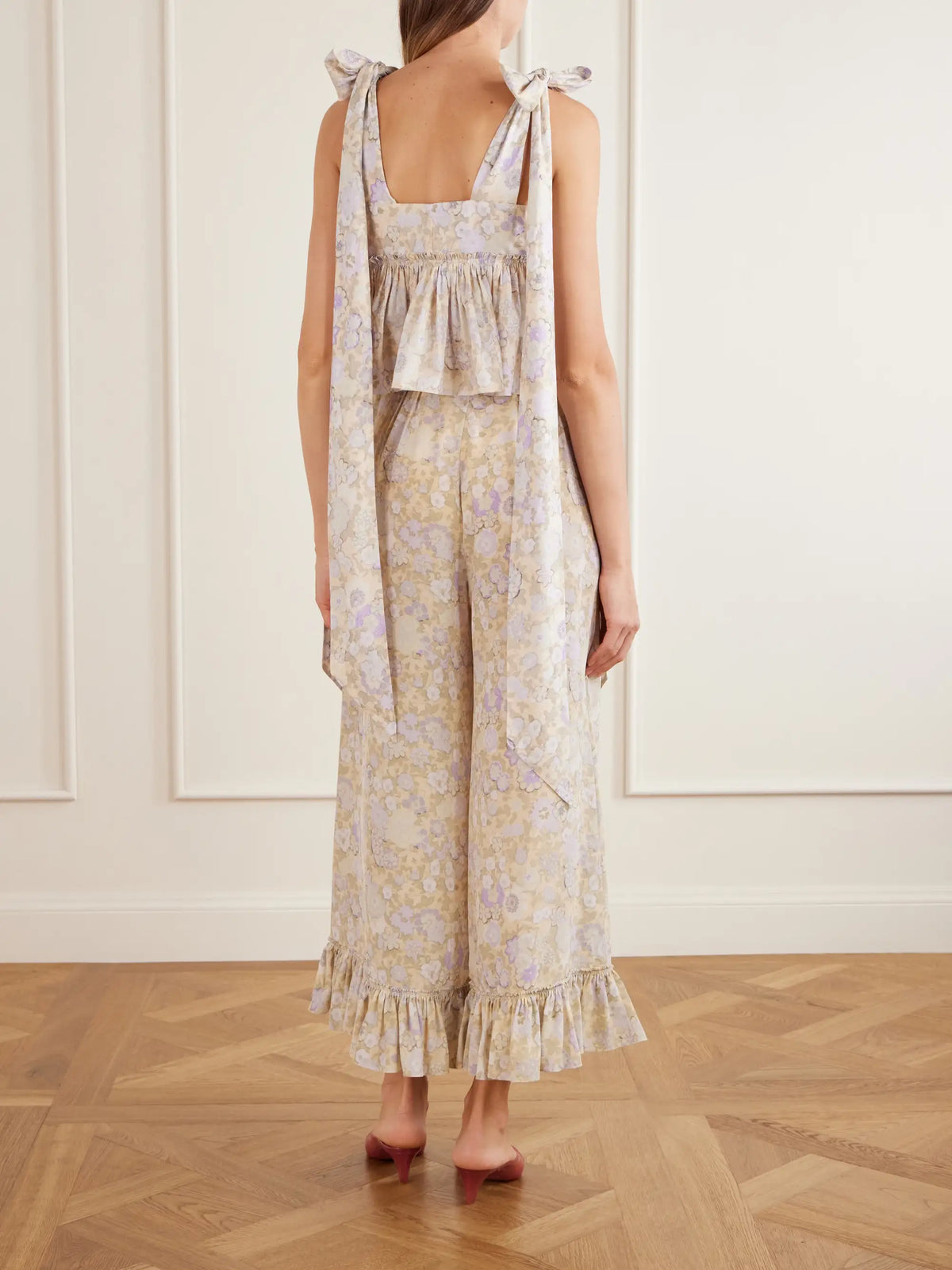 Bow-detailed Ruffled Floral-print Cotton-poplin Top
