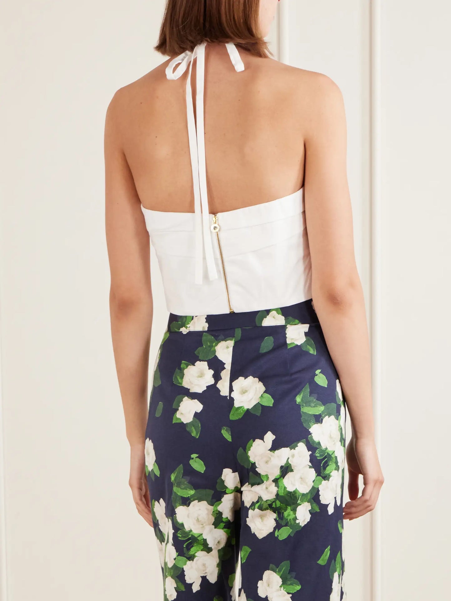 Floral-appliquéd Cotton-blend Halterneck Top