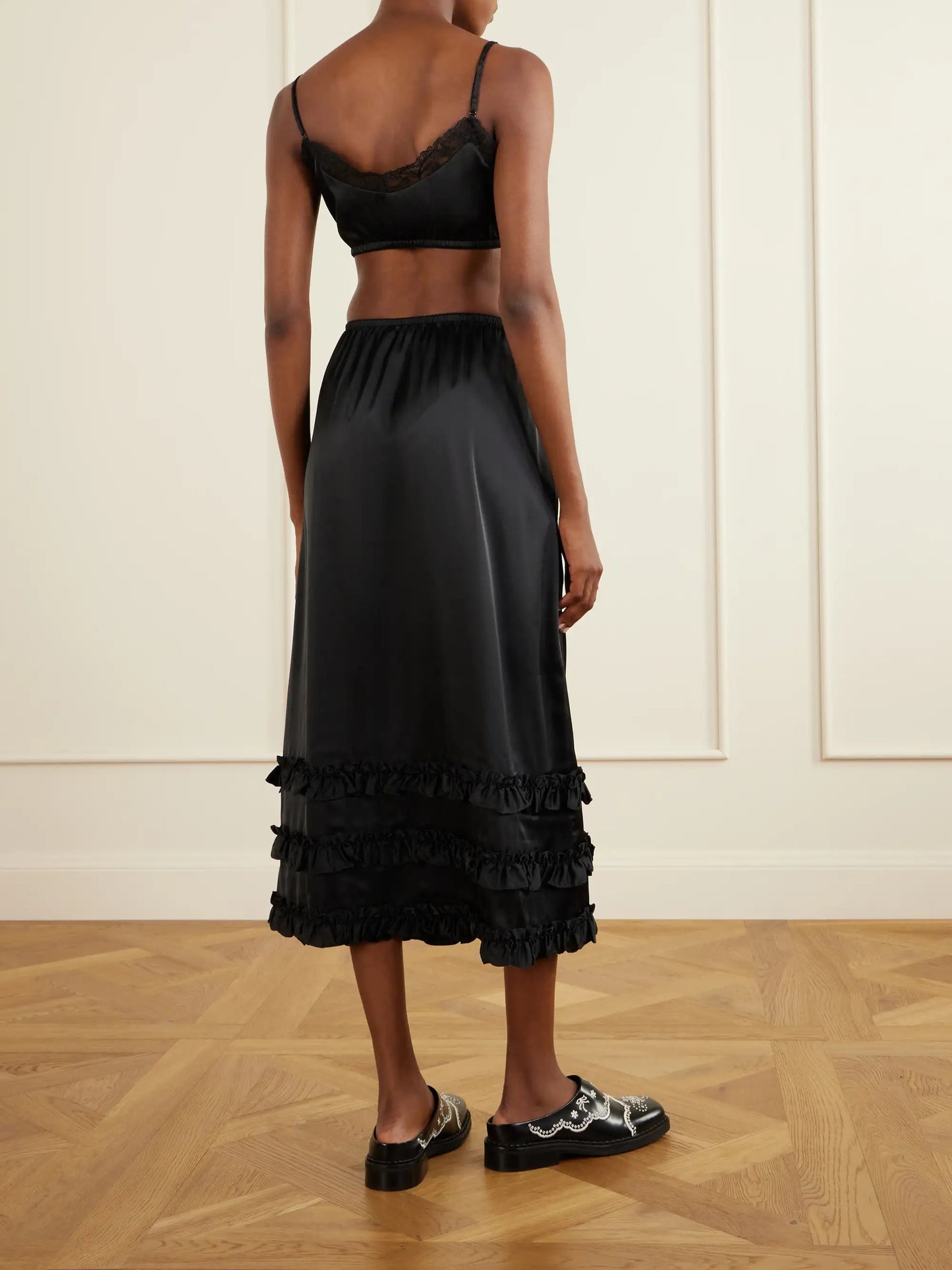 Ruffled Satin Midi Skirt