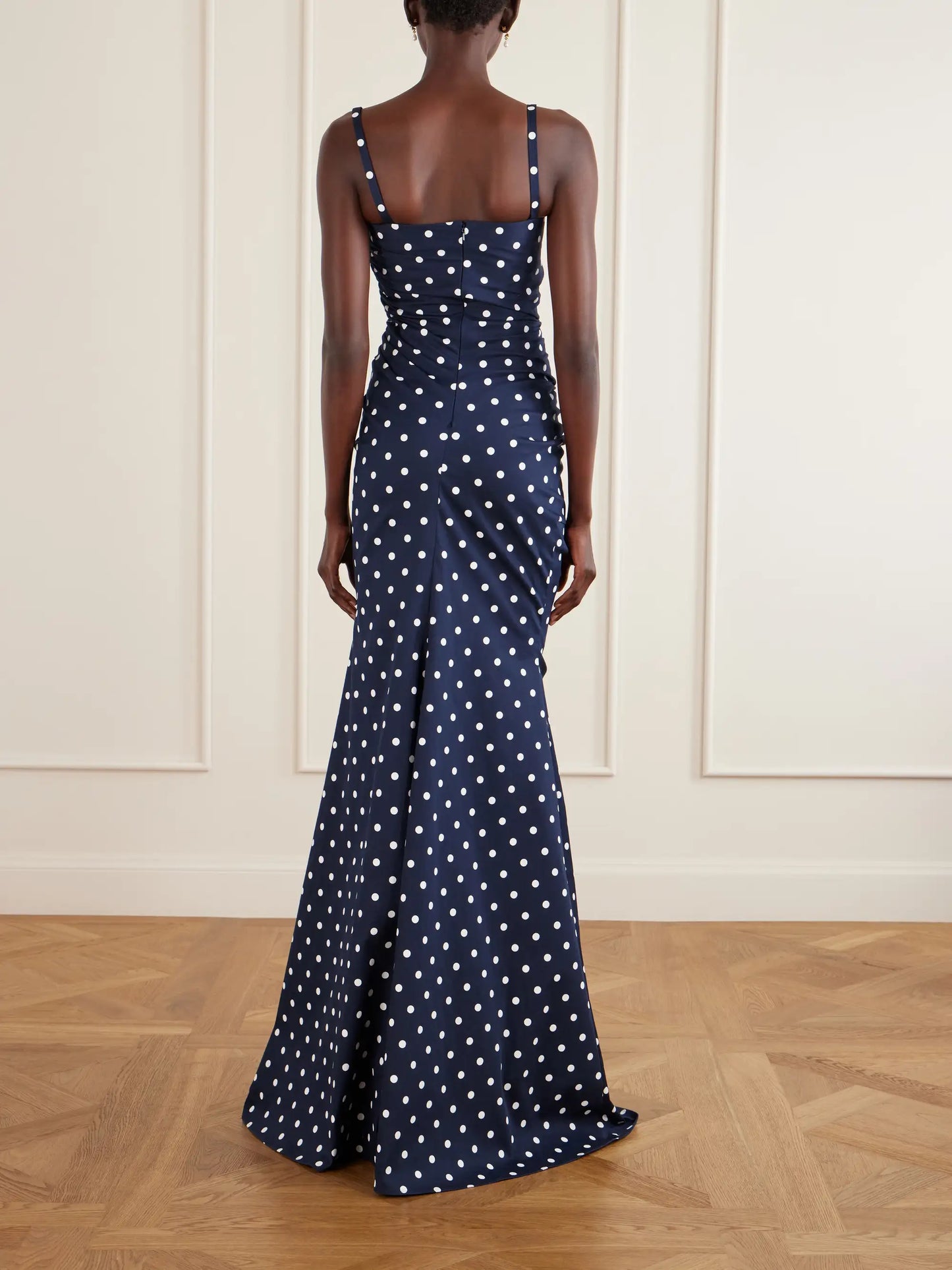 Gathered Polka-dot Cotton-blend Twill Gown
