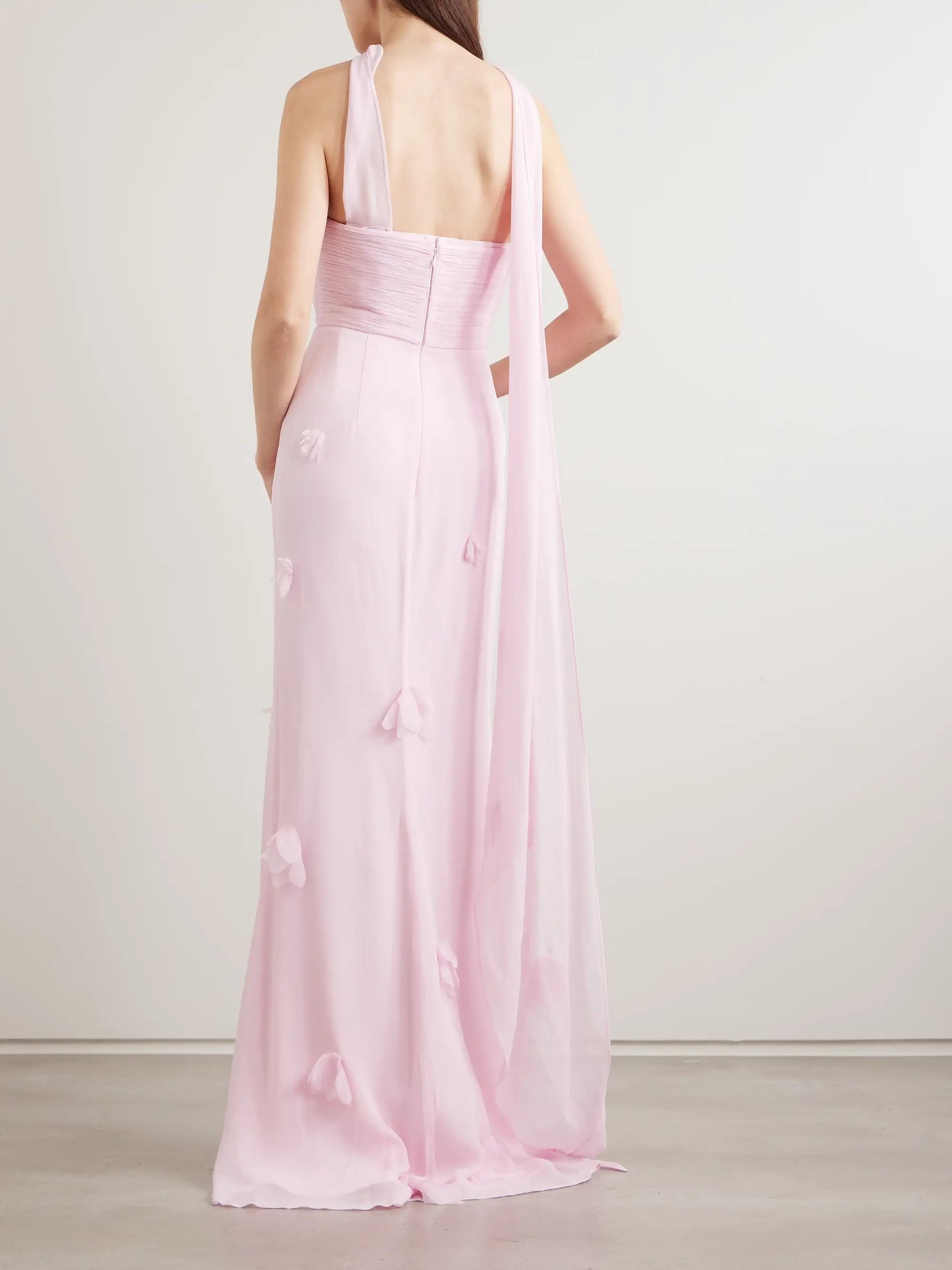 Scarf-detailed Strapless Appliquéd Georgette Gown