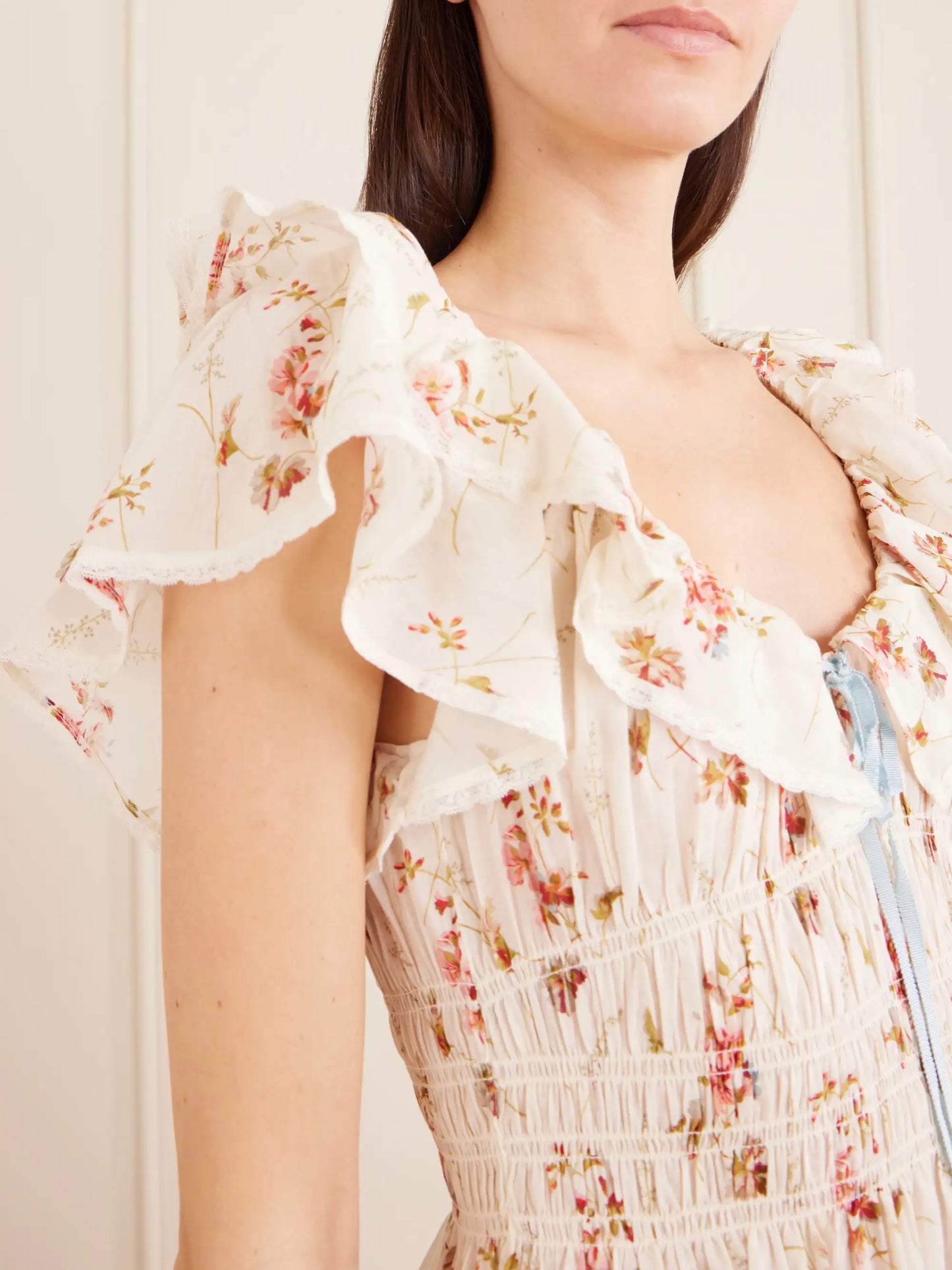 Illiana Lace-trimmed Shirred Floral-print Organic Cotton Dress