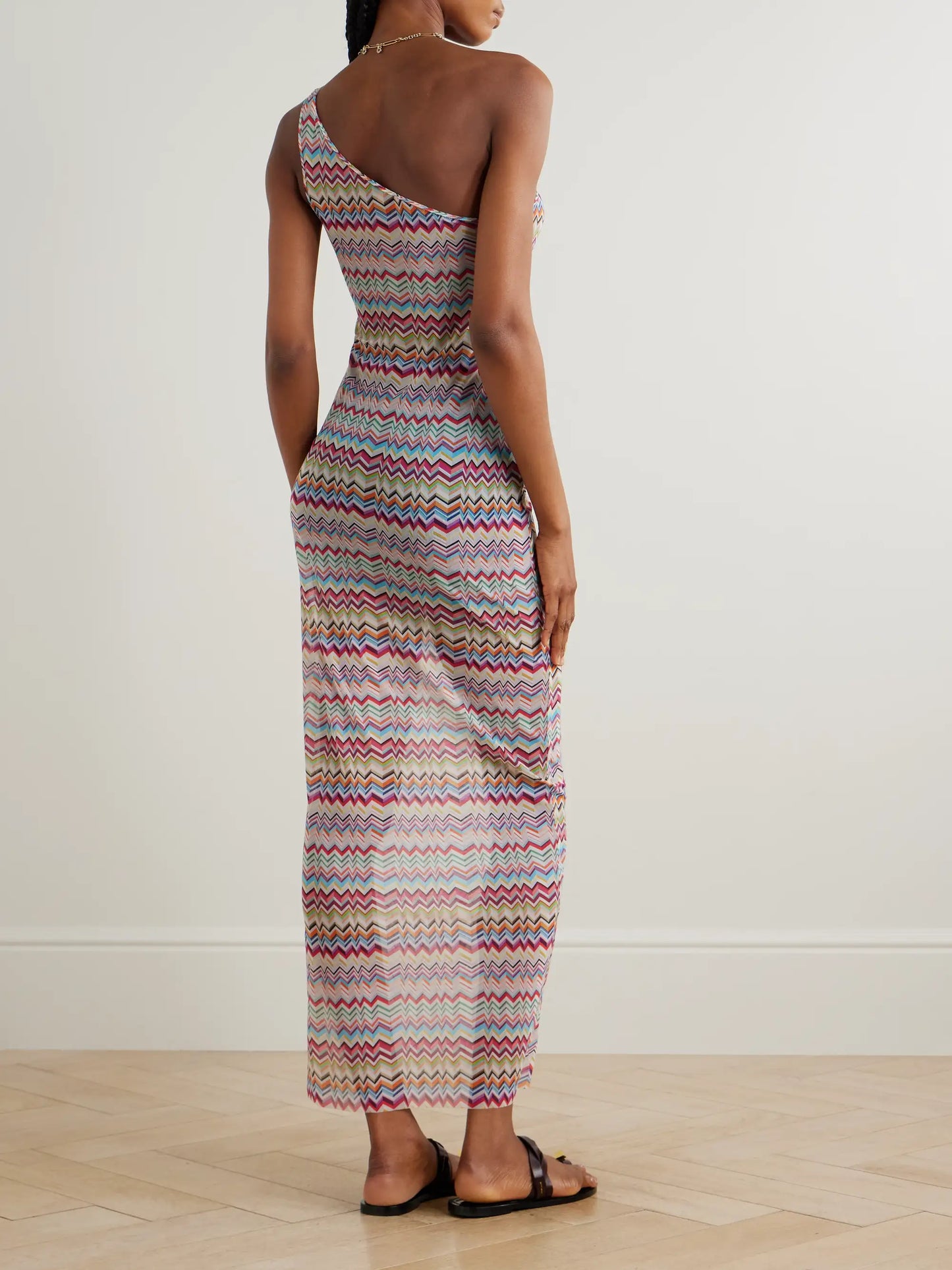 One-shoulder Striped Stretch-mesh Coverup