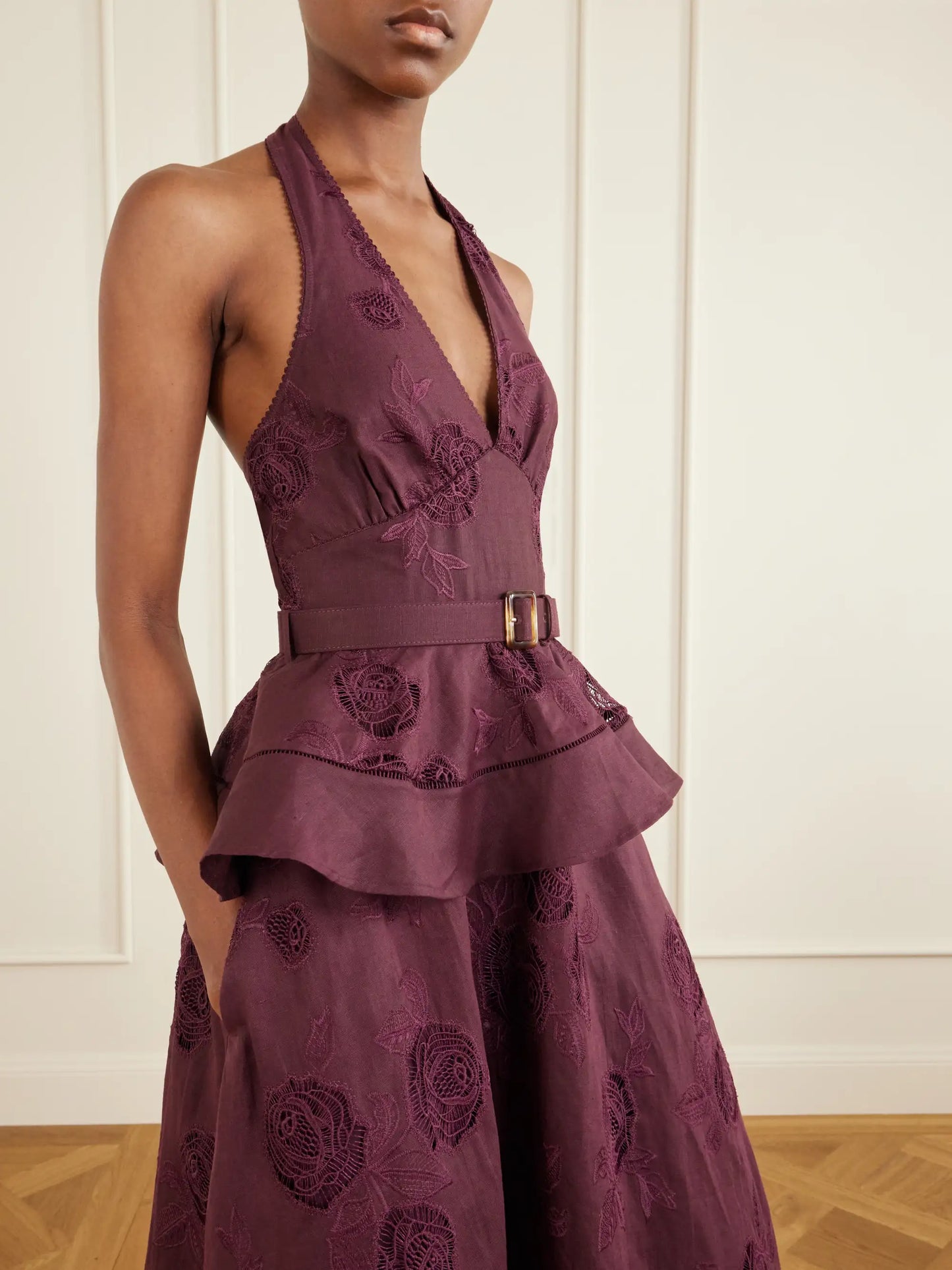 Belted Broderie Anglaise-trimmed Linen And Cotton-blend Peplum Midi Dress