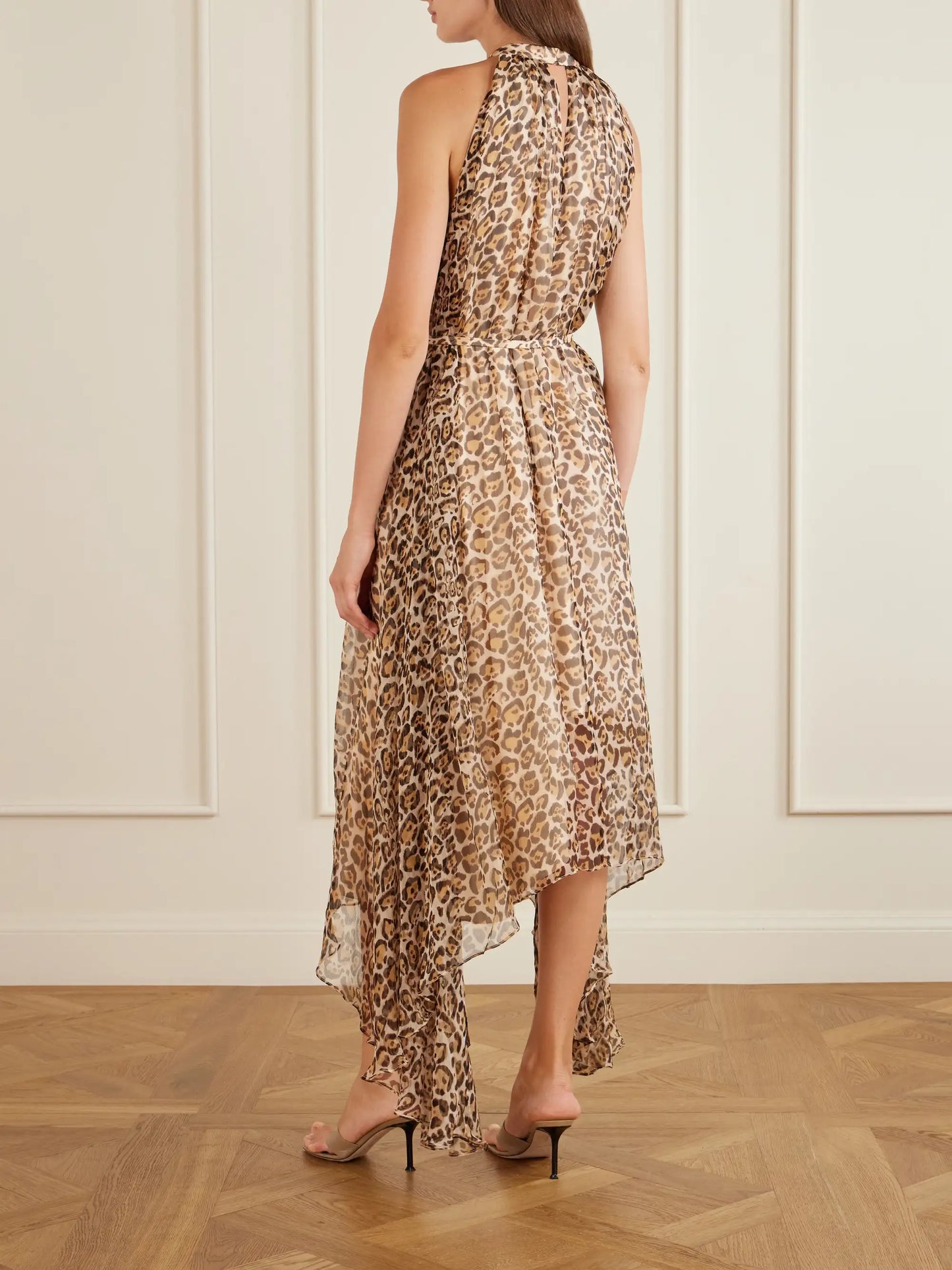 Irina Asymmetric Belted Leopard-print Silk Halterneck Midi Dress