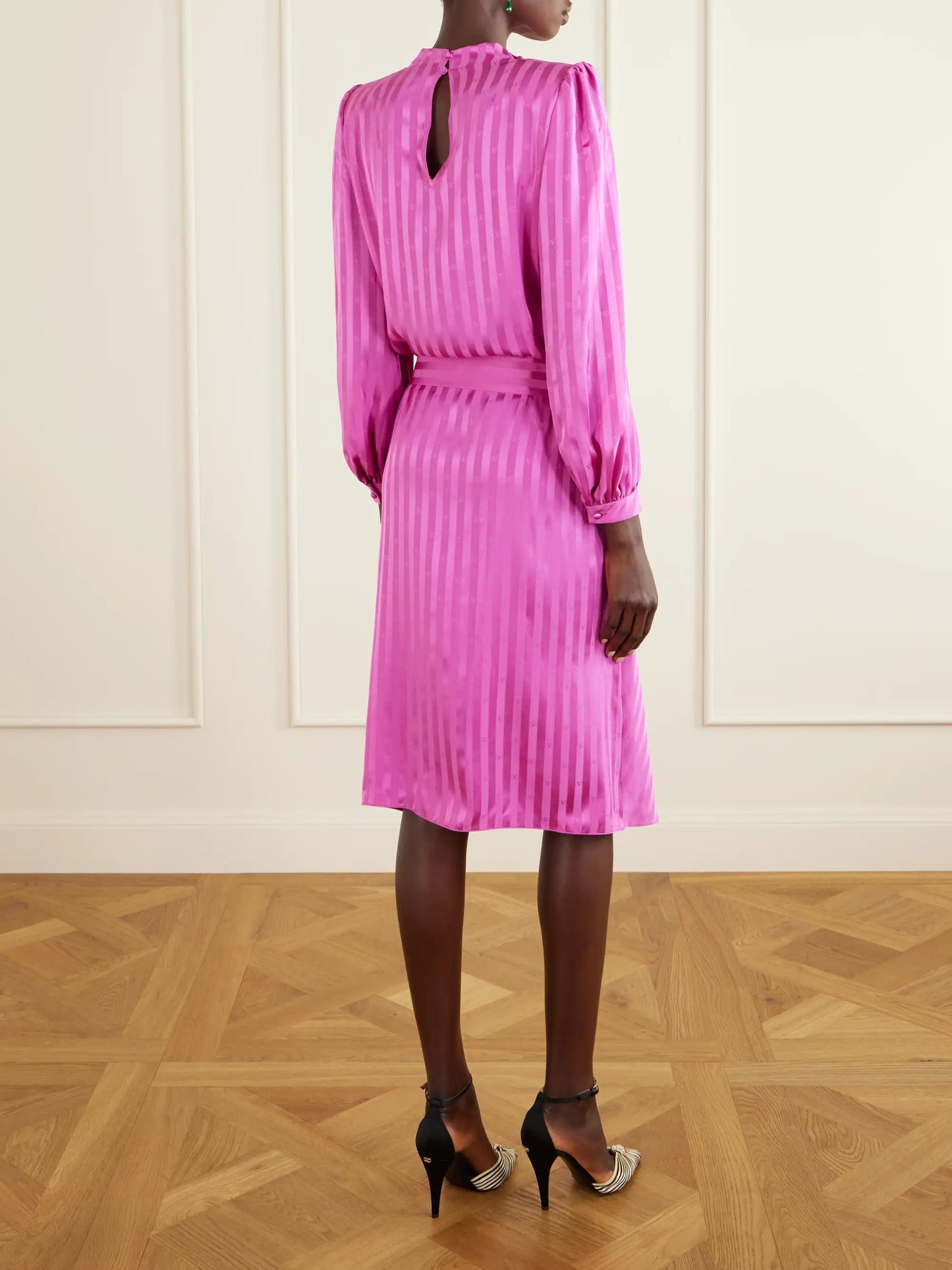 Logo-printed Belted Striped Silk Satin-jacquard Midi Dress