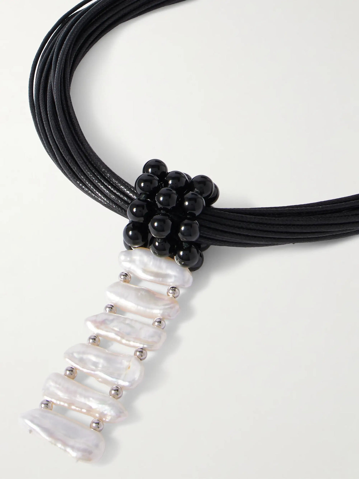 Cord, Onyx, Pearl And Silver Necklace