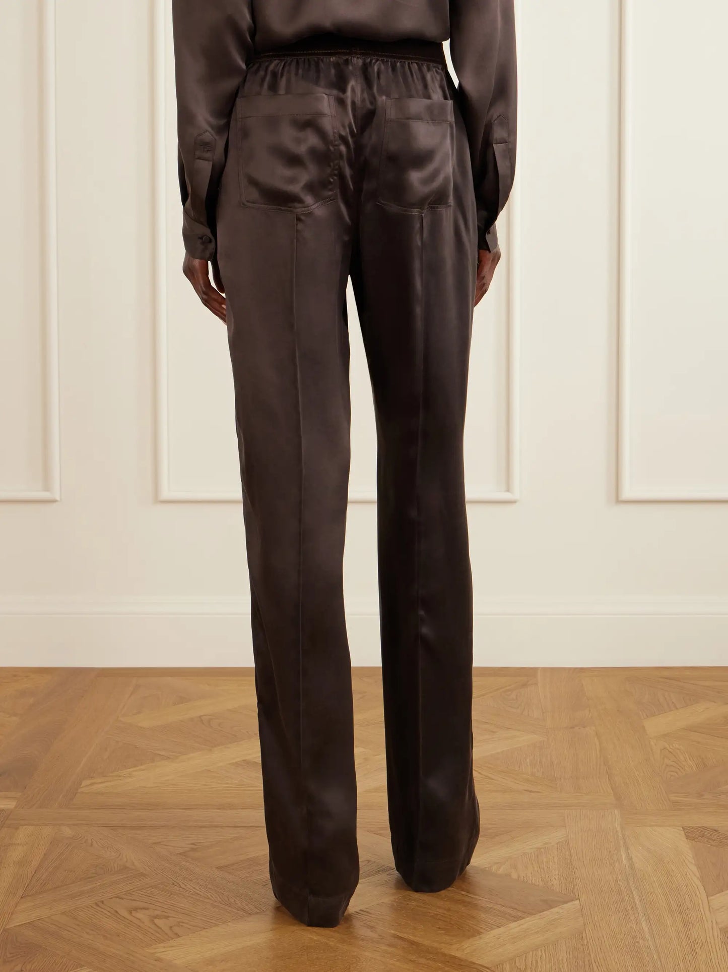 Velvet-trimmed Silk-satin Straight-leg Pants