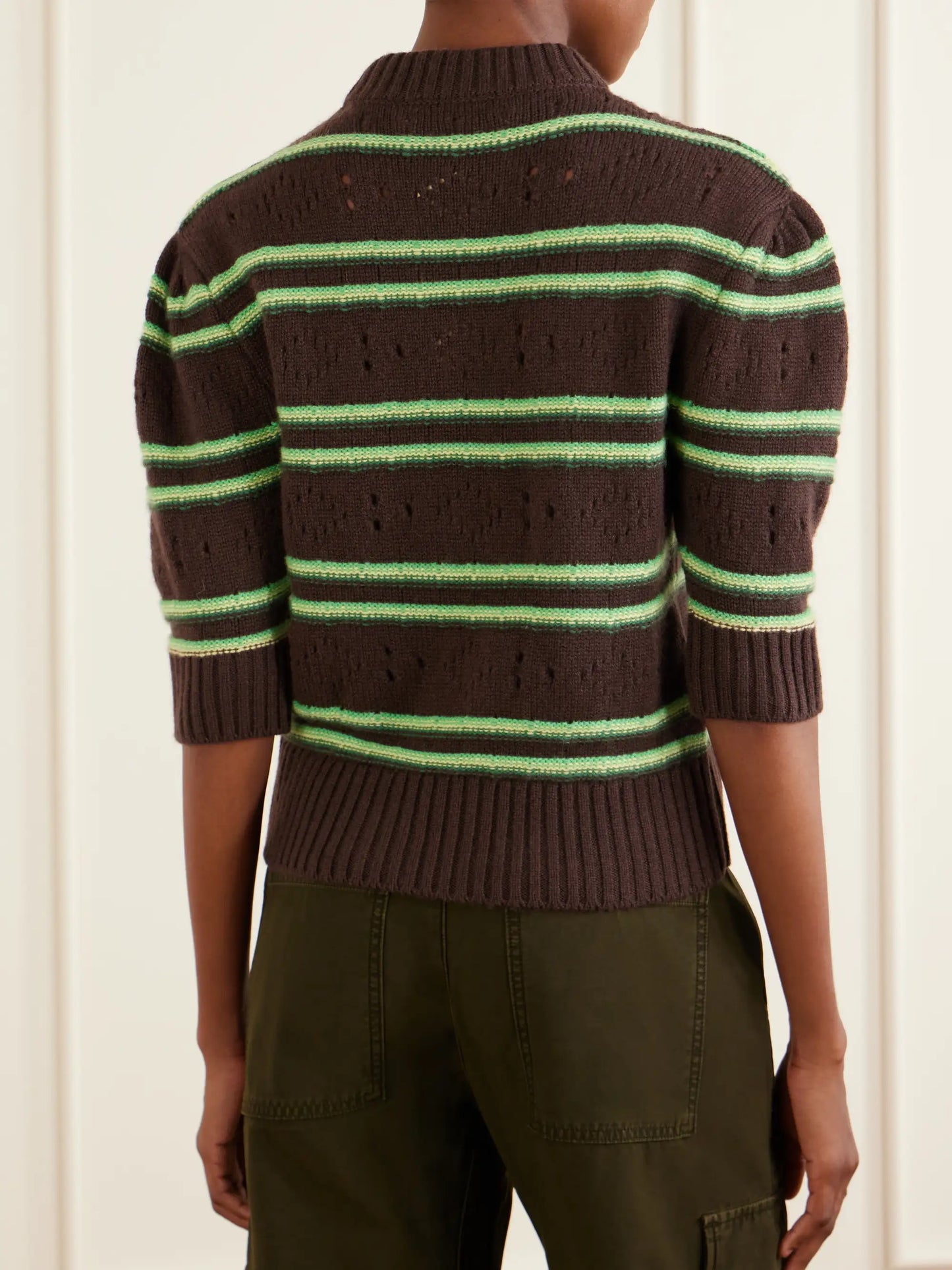 Cropped Striped Open-knit Cashmere Sweater