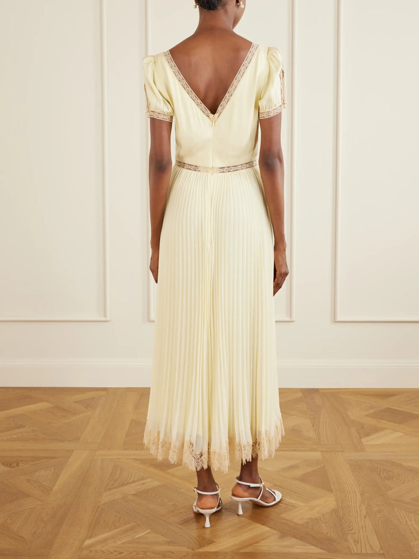 Lace-trimmed Pleated Crepe Midi Dress