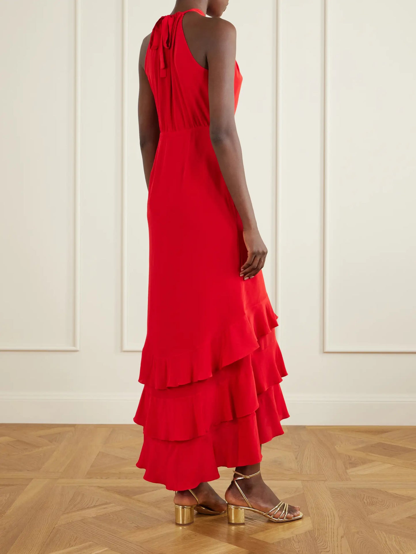 Vino De Palma Ruffled Duchesse-satin Silk Halterneck Maxi Dress
