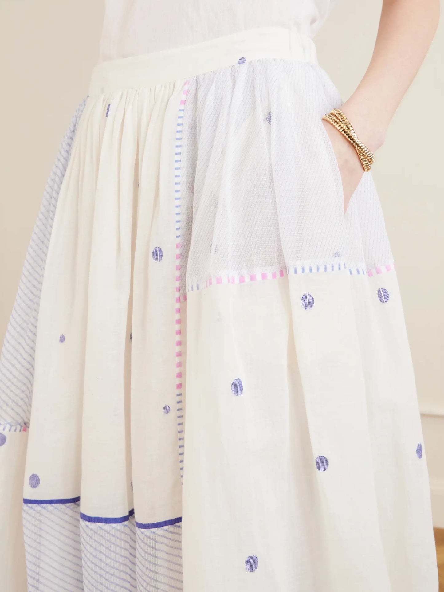 Gathered Striped Cotton-jamdani Midi Skirt