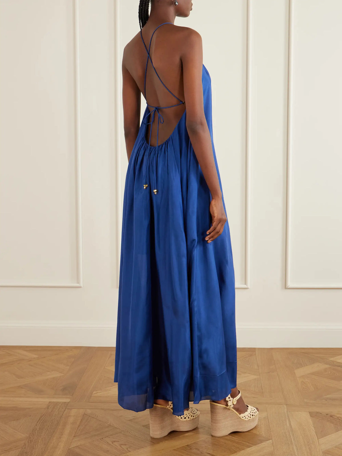 Aster Gathered Beaded Silk-satin Maxi Dress