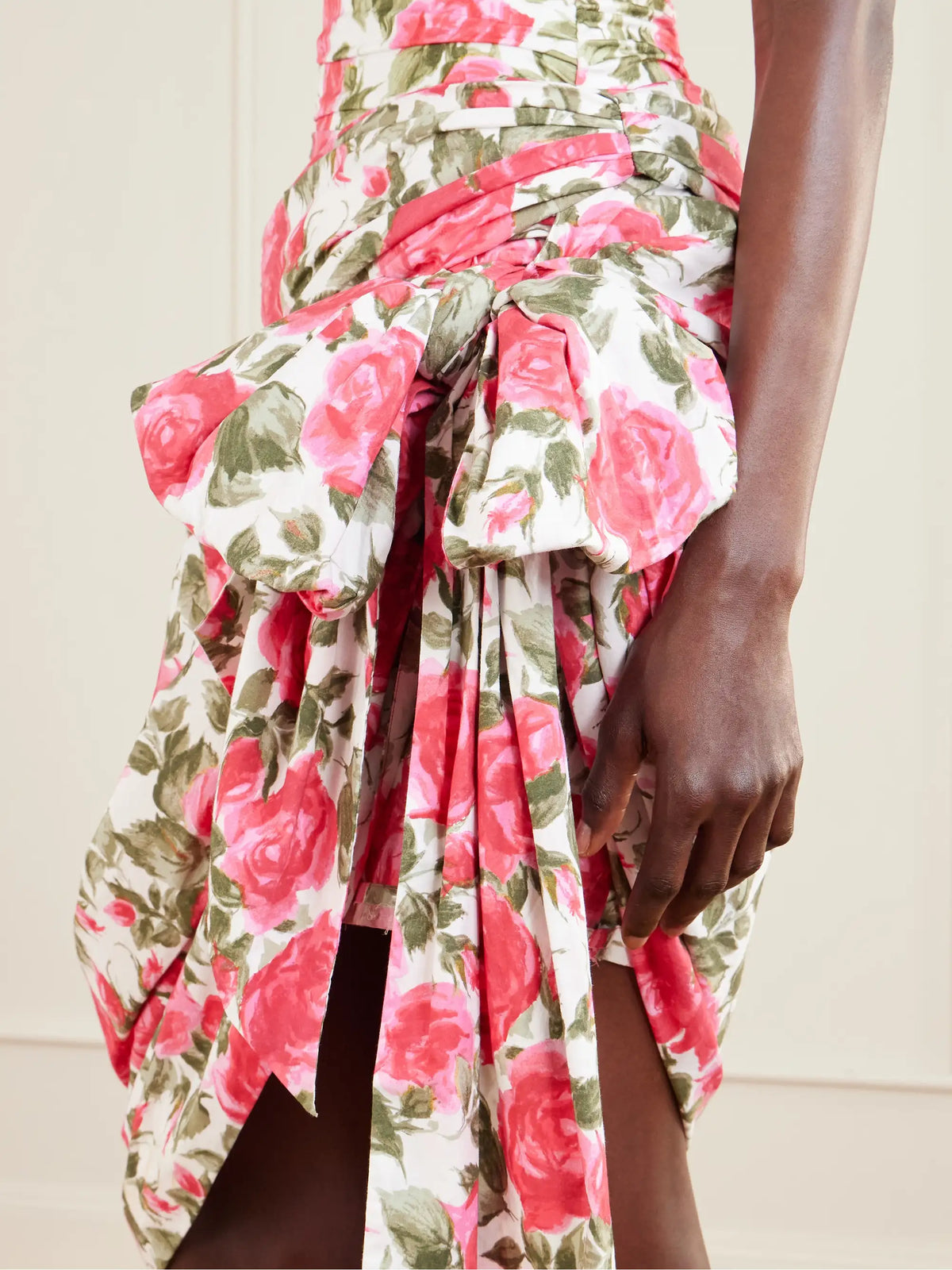 Bow-detailed Ruched Floral-print Cotton-poplin Mini Skirt