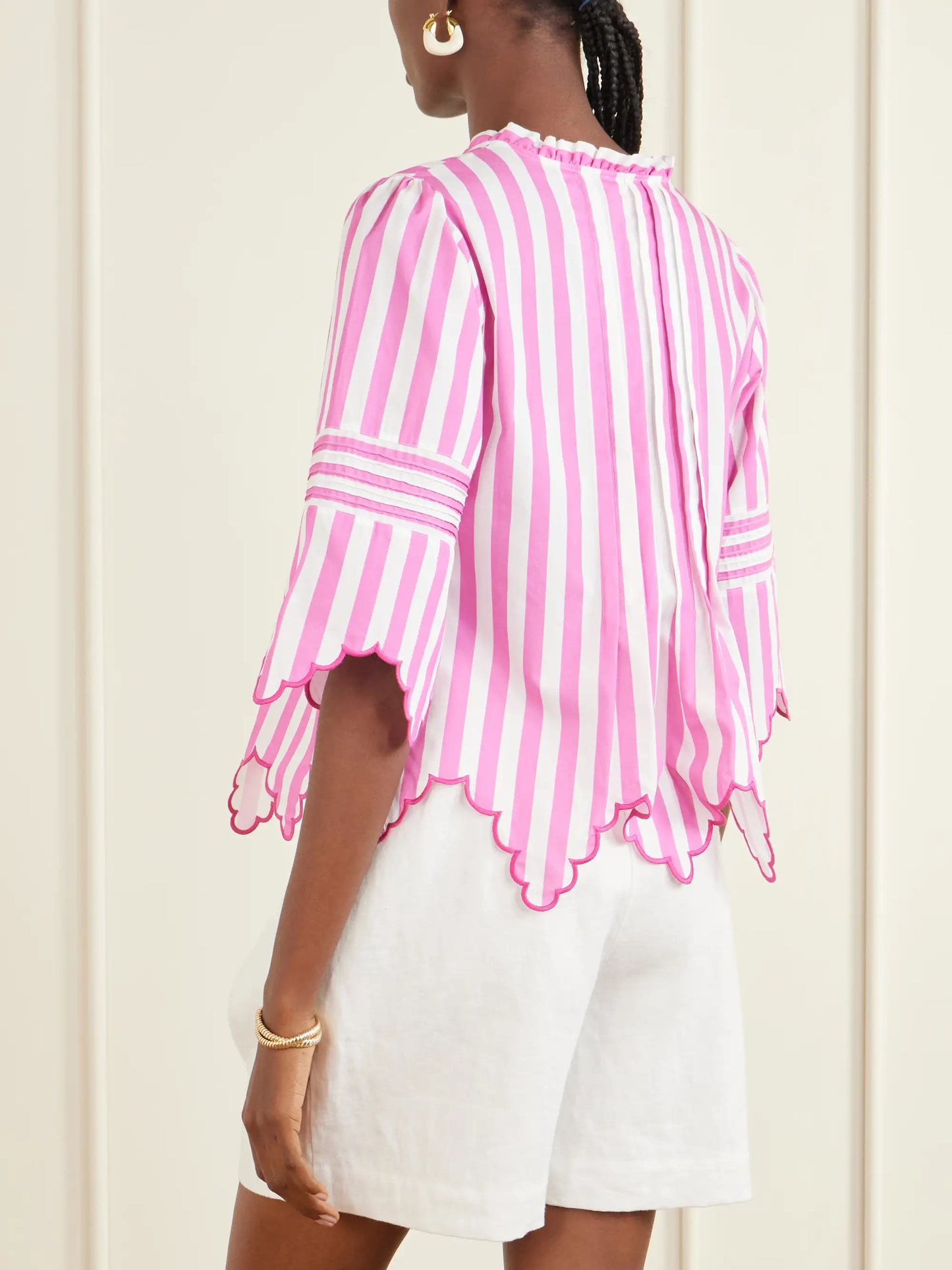 Matilde Scalloped Shirred Striped Cotton Shirt