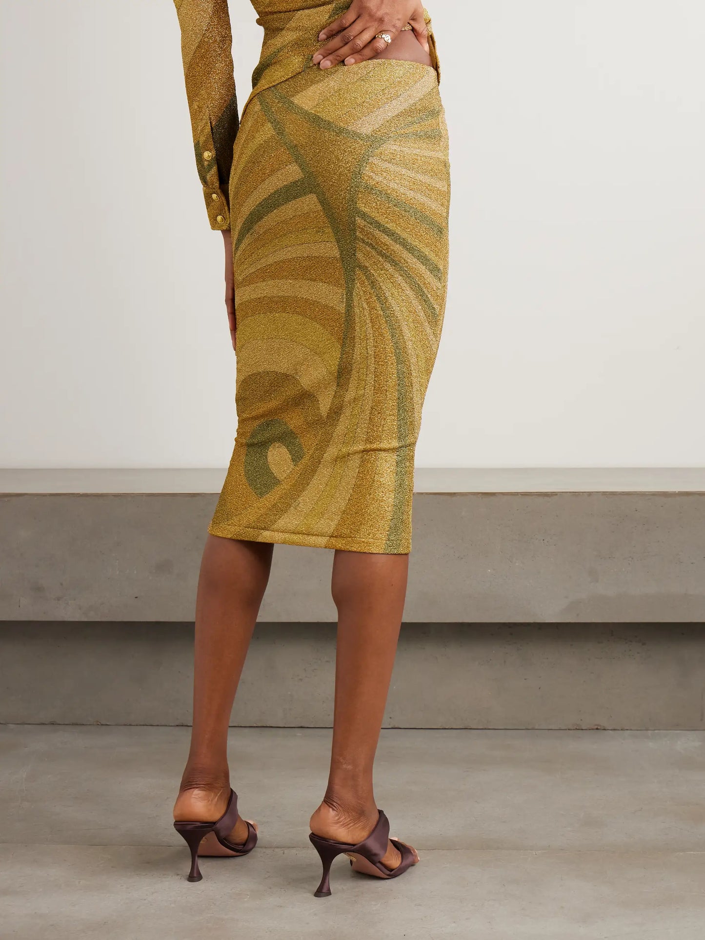 Printed Metallic Jersey Midi Skirt
